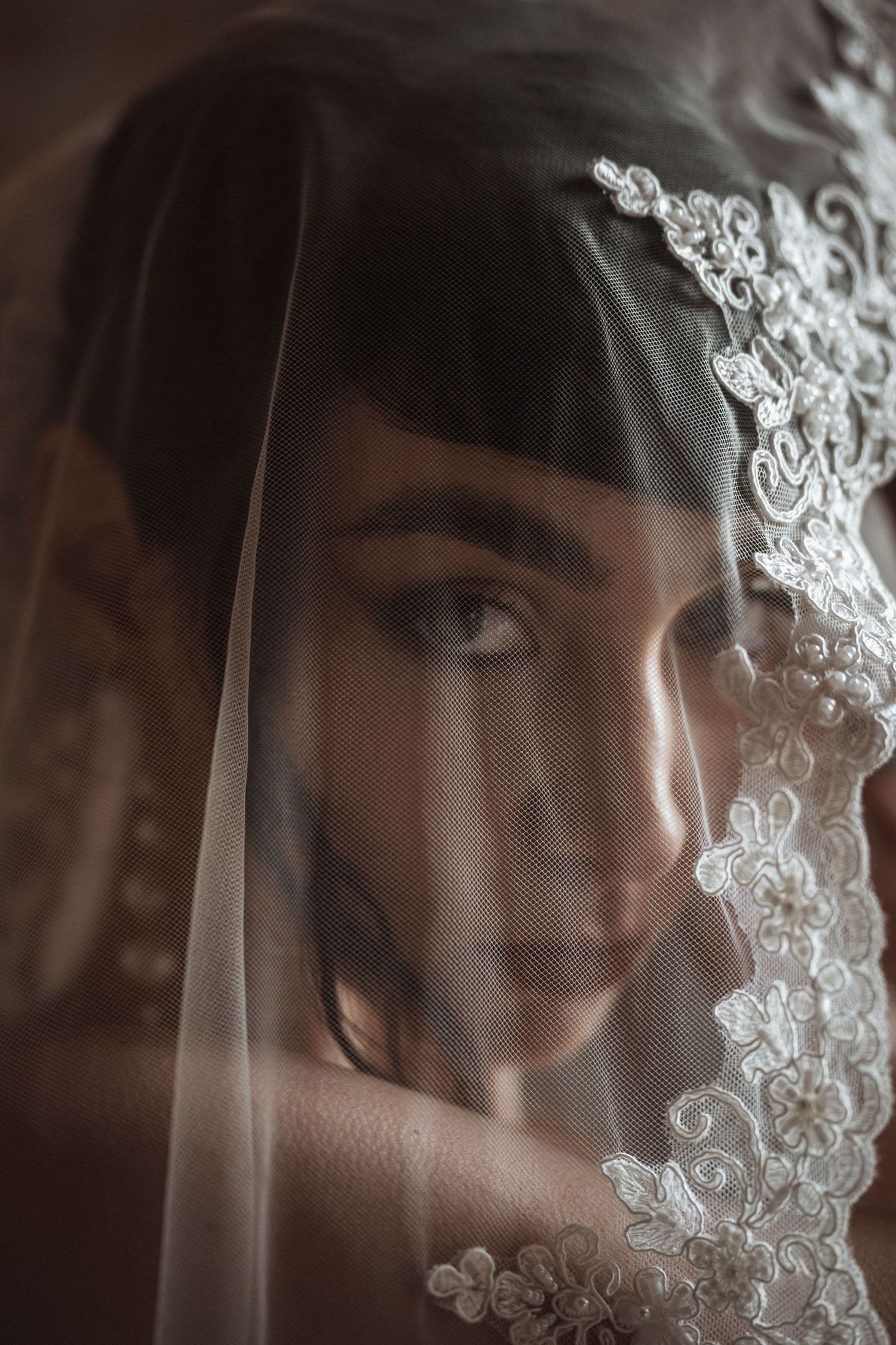 A close-up portrait through delicate white lace veil creating a romantic and dreamy bridal effect.
