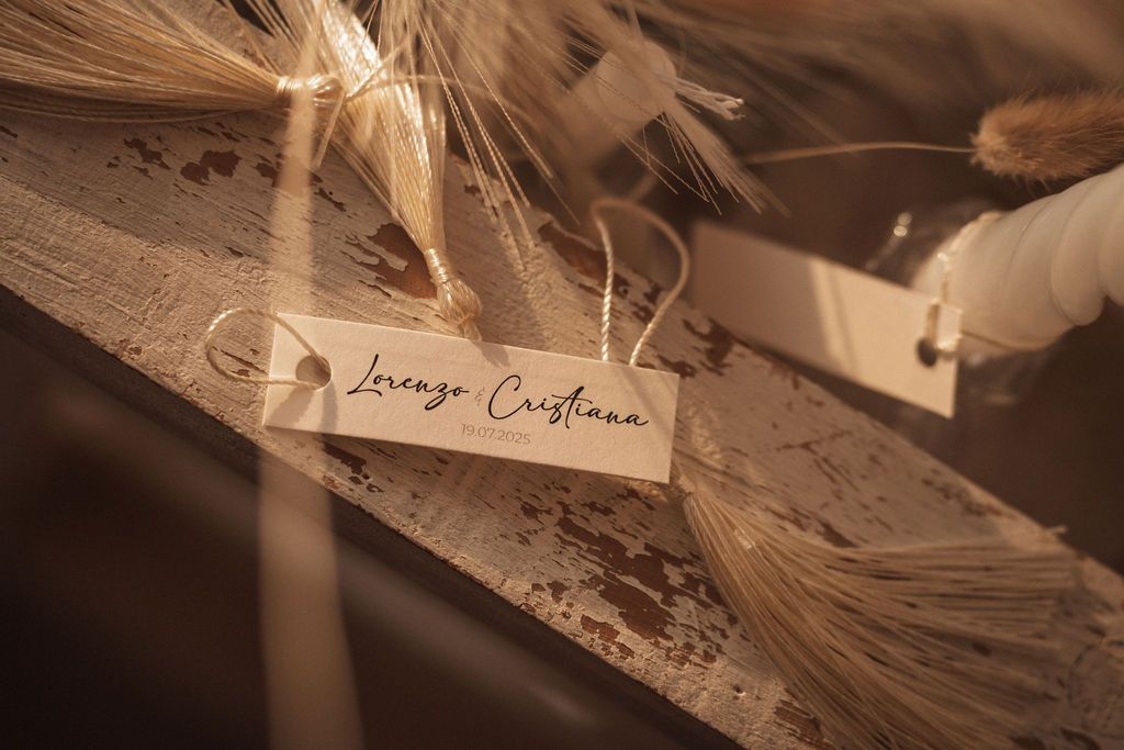 Vintage style wedding card with handwritten text tied with twine.