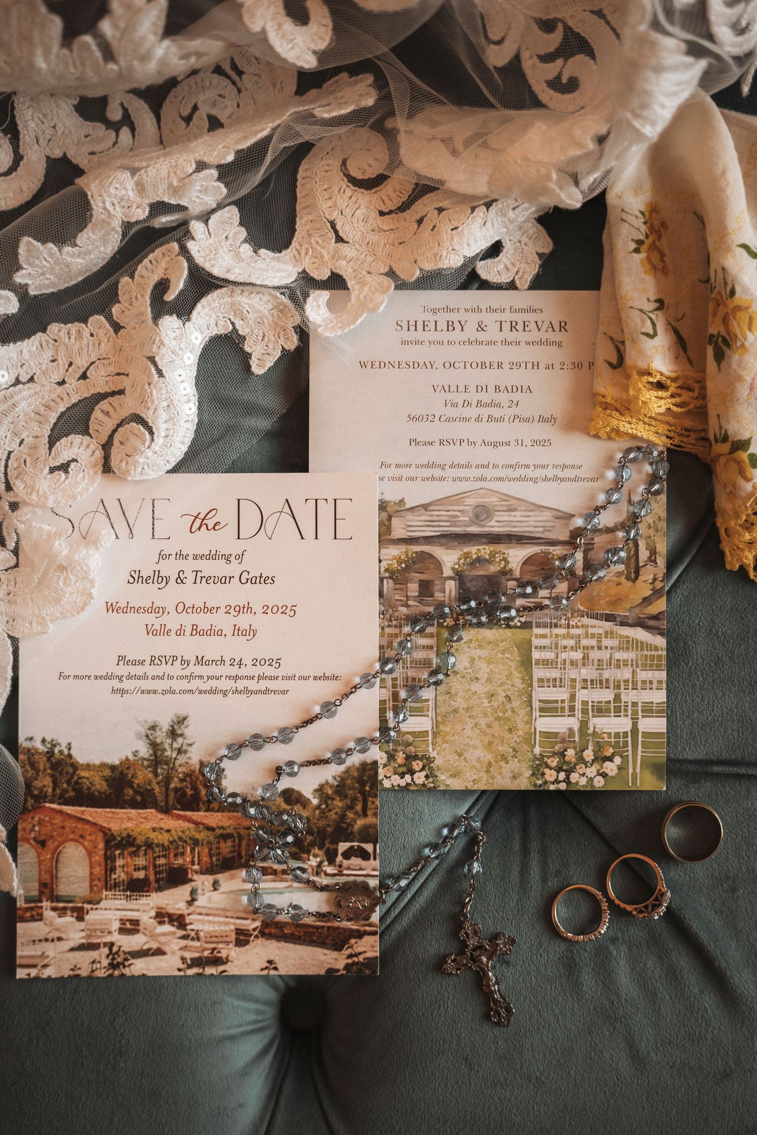 Vintage-style wedding invitations and save the date cards featuring elegant venue illustrations.
