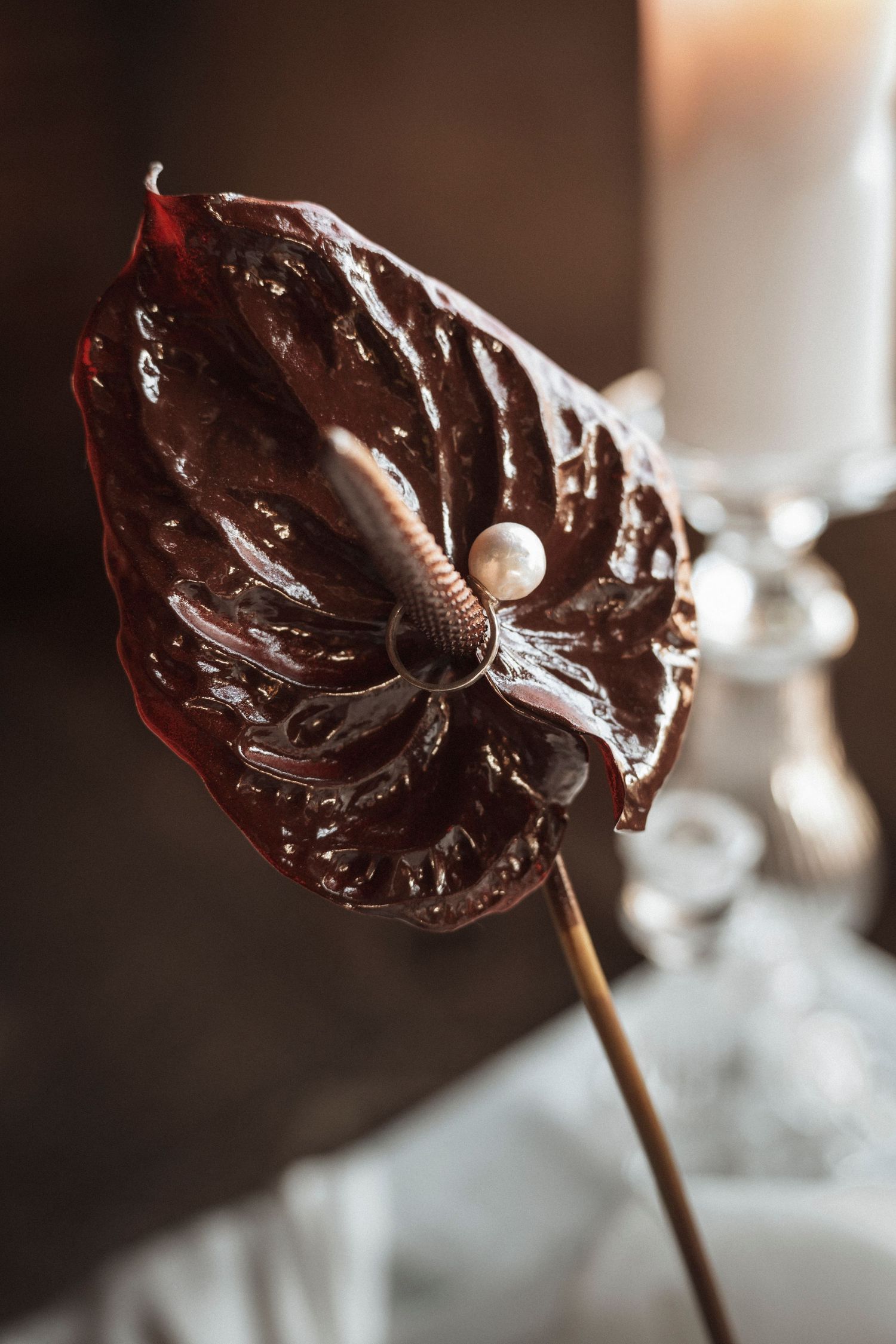 Dark chocolate butterfly lollipops arranged in a decorative display with blurred background.