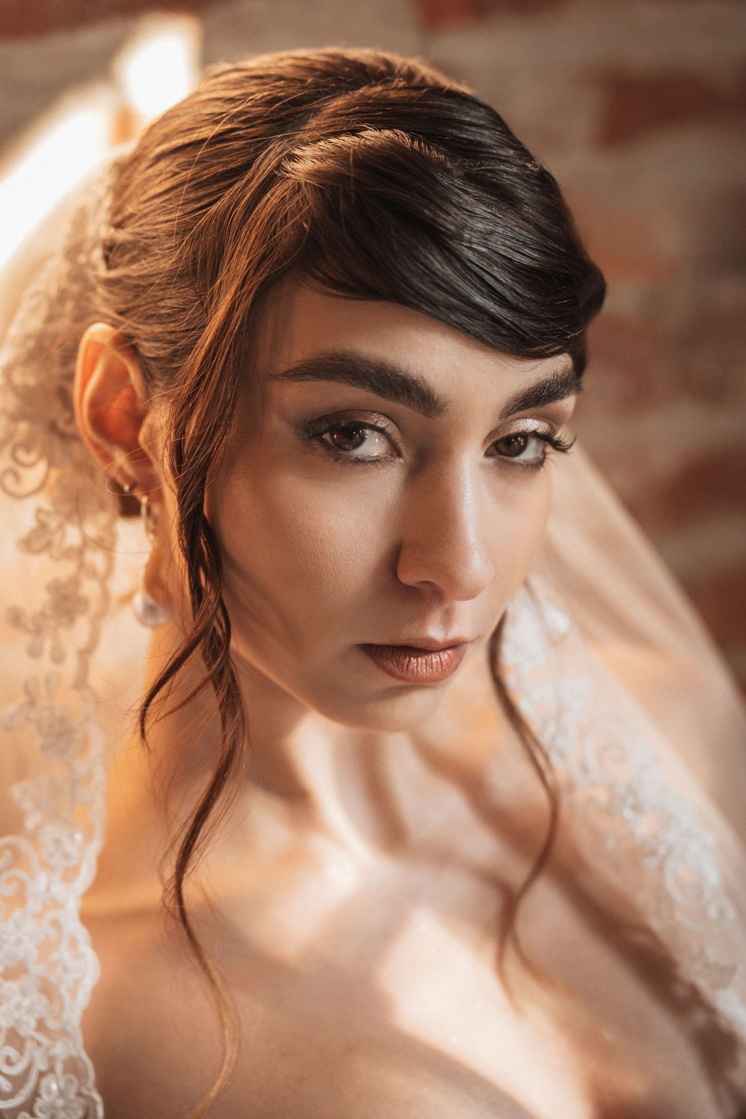 Bride in soft lighting wearing delicate lace veil with dramatic makeup and dark upswept hair.