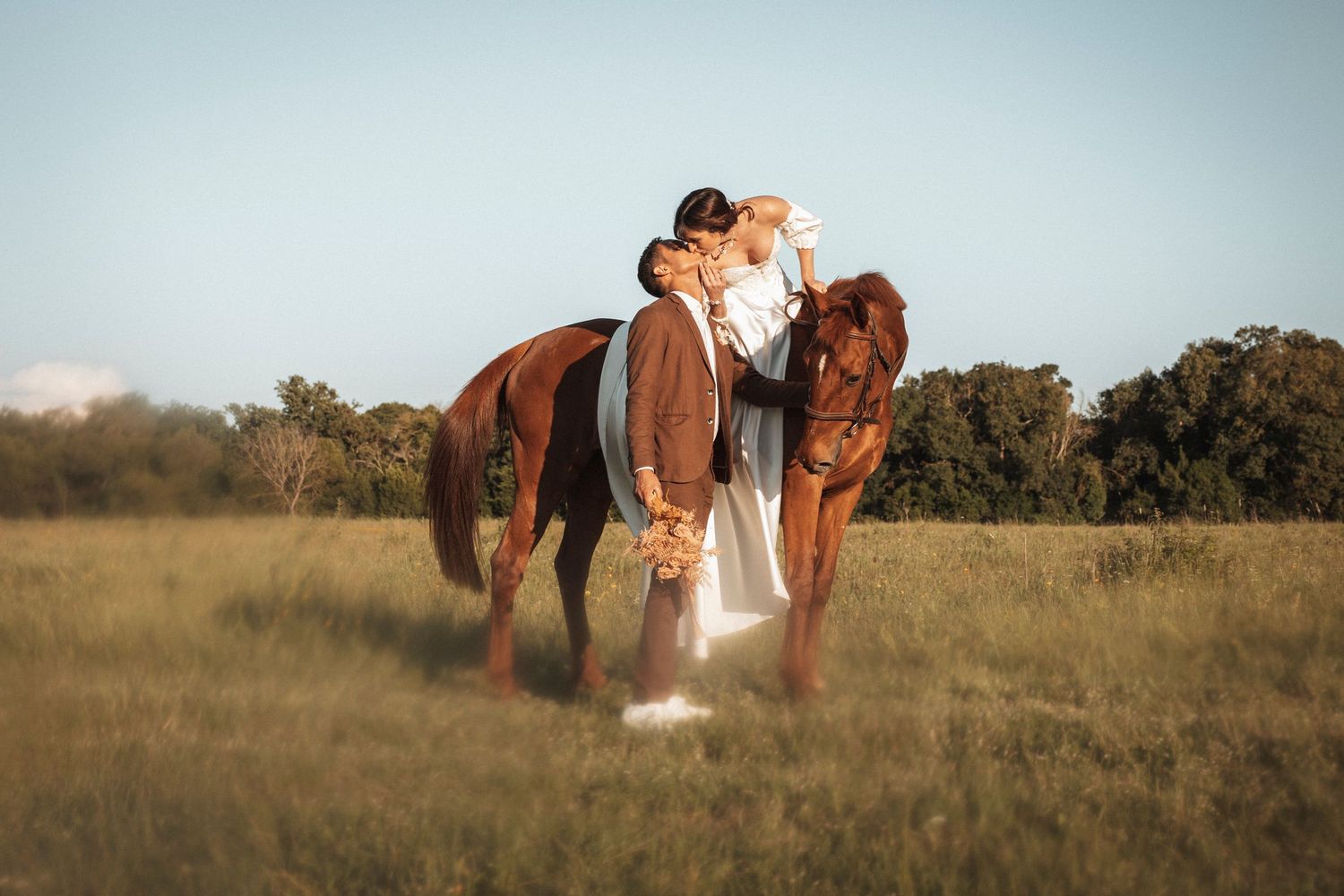 Romantic silhouettes against sunset sky with horses in a serene meadow landscape.