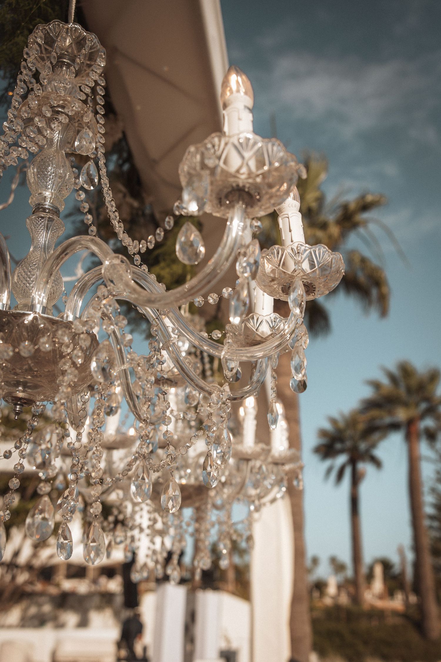 Crystal chandelier sparkles against a blue sky with palm trees in the background.