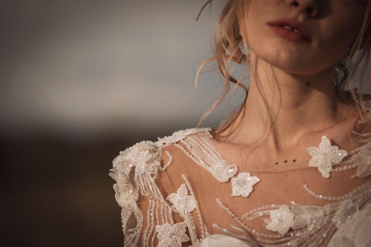 Close-up detail of delicate white floral lace on a sheer wedding dress bodice with soft lighting.