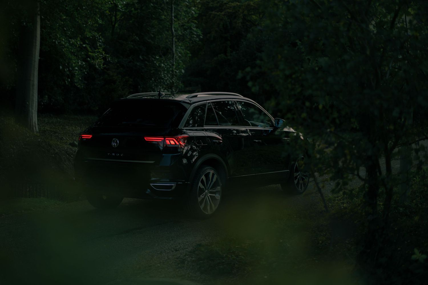 Dark rear view of a black Mercedes-Benz GLE SUV partially hidden among forest trees.