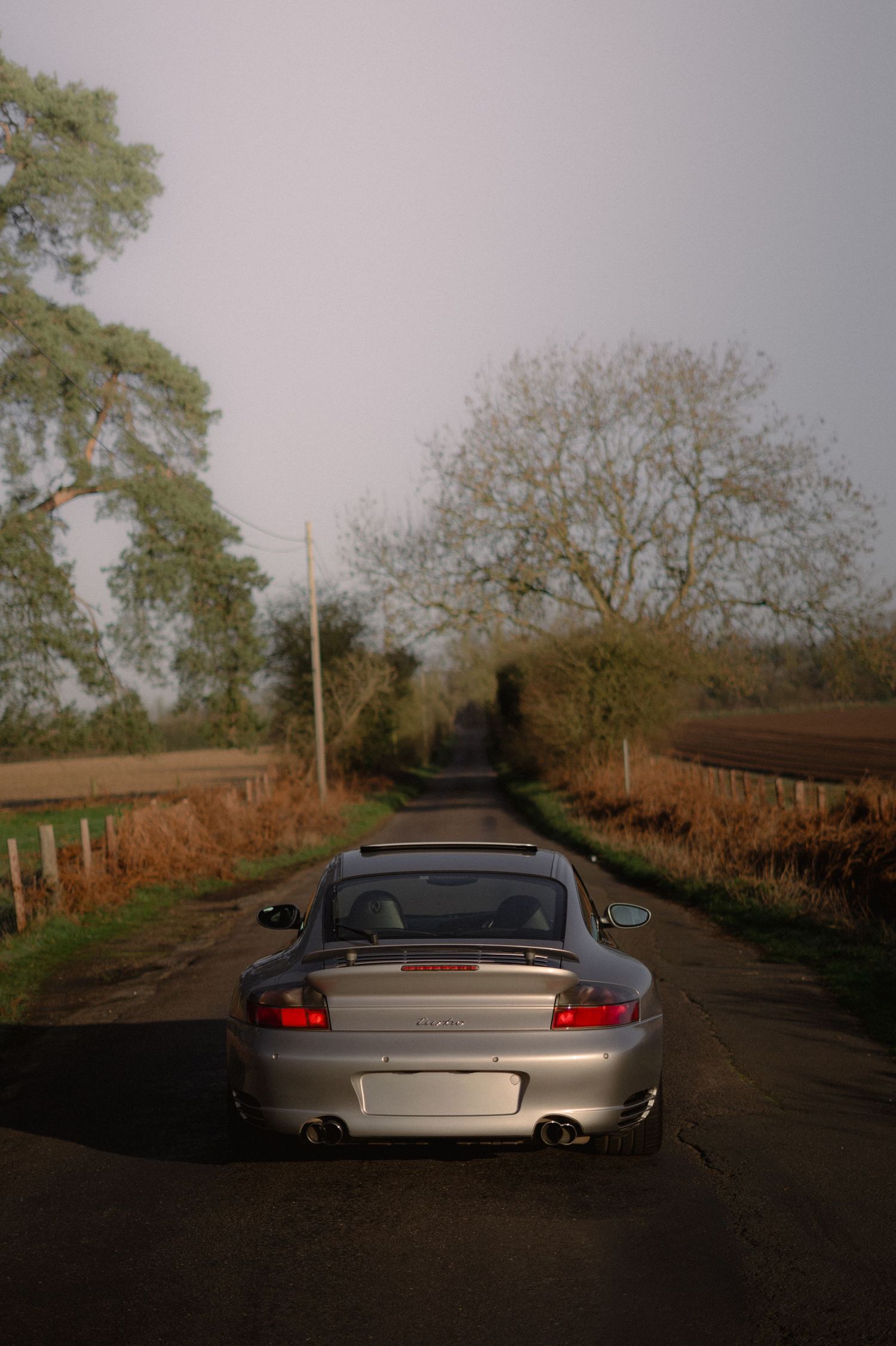 Rear view of a silver Porsche 911 parked on a narrow country road surrounded by bare trees and fields.