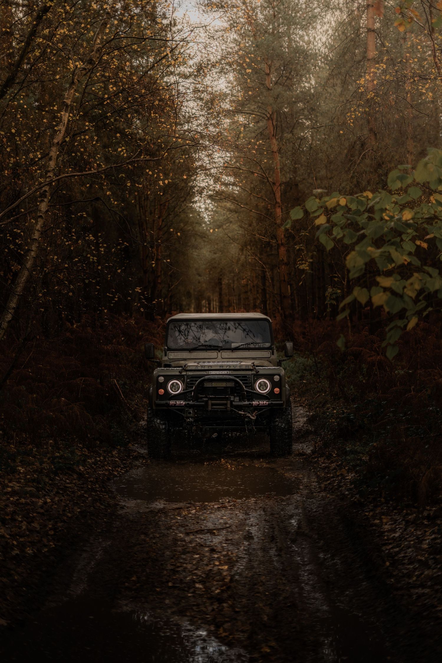 A rugged off-road 4x4 vehicle navigates a muddy forest trail surrounded by autumn foliage.