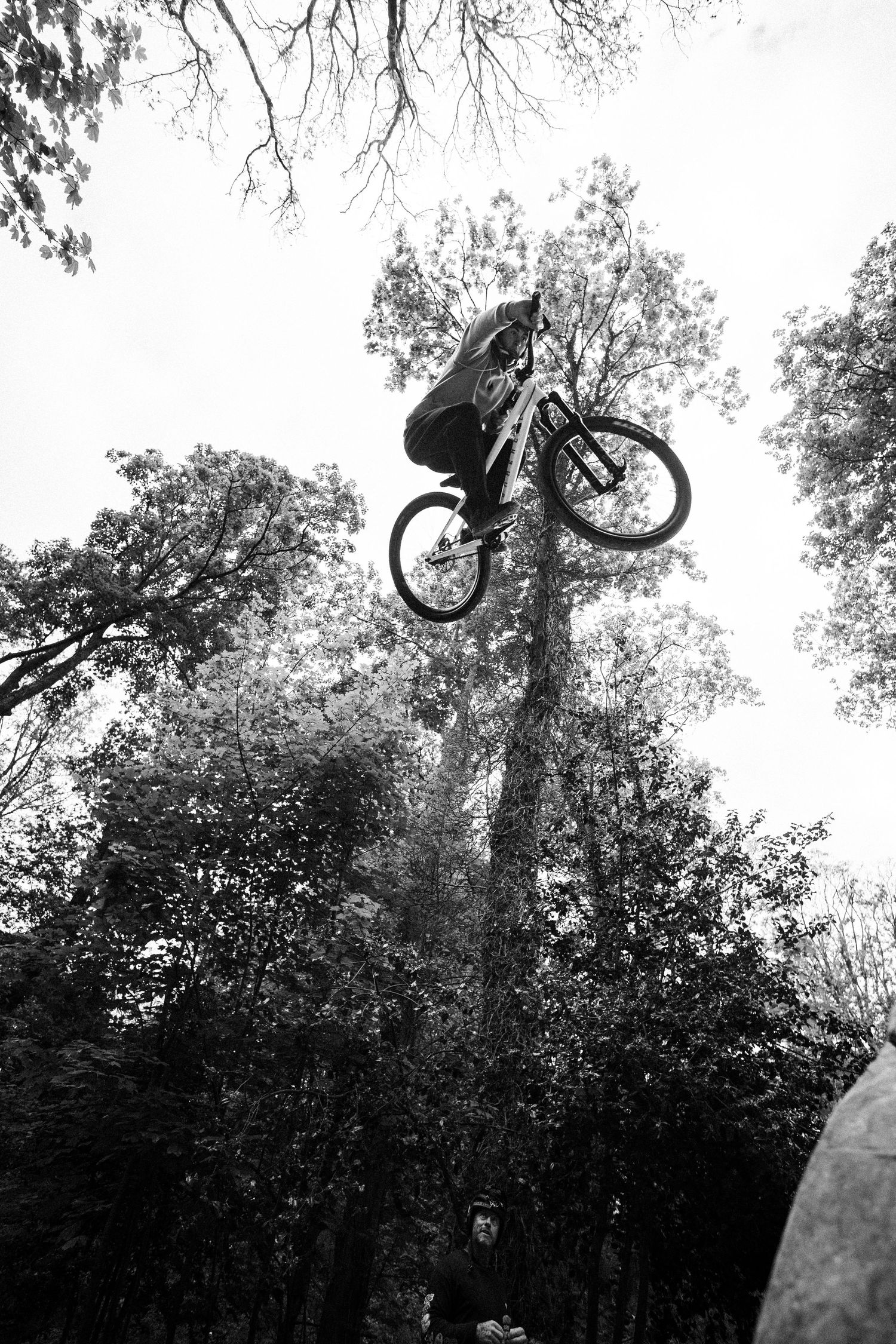Black and white photo of a daring cyclist performing a high jump trick over forest trails surrounded by tall trees.