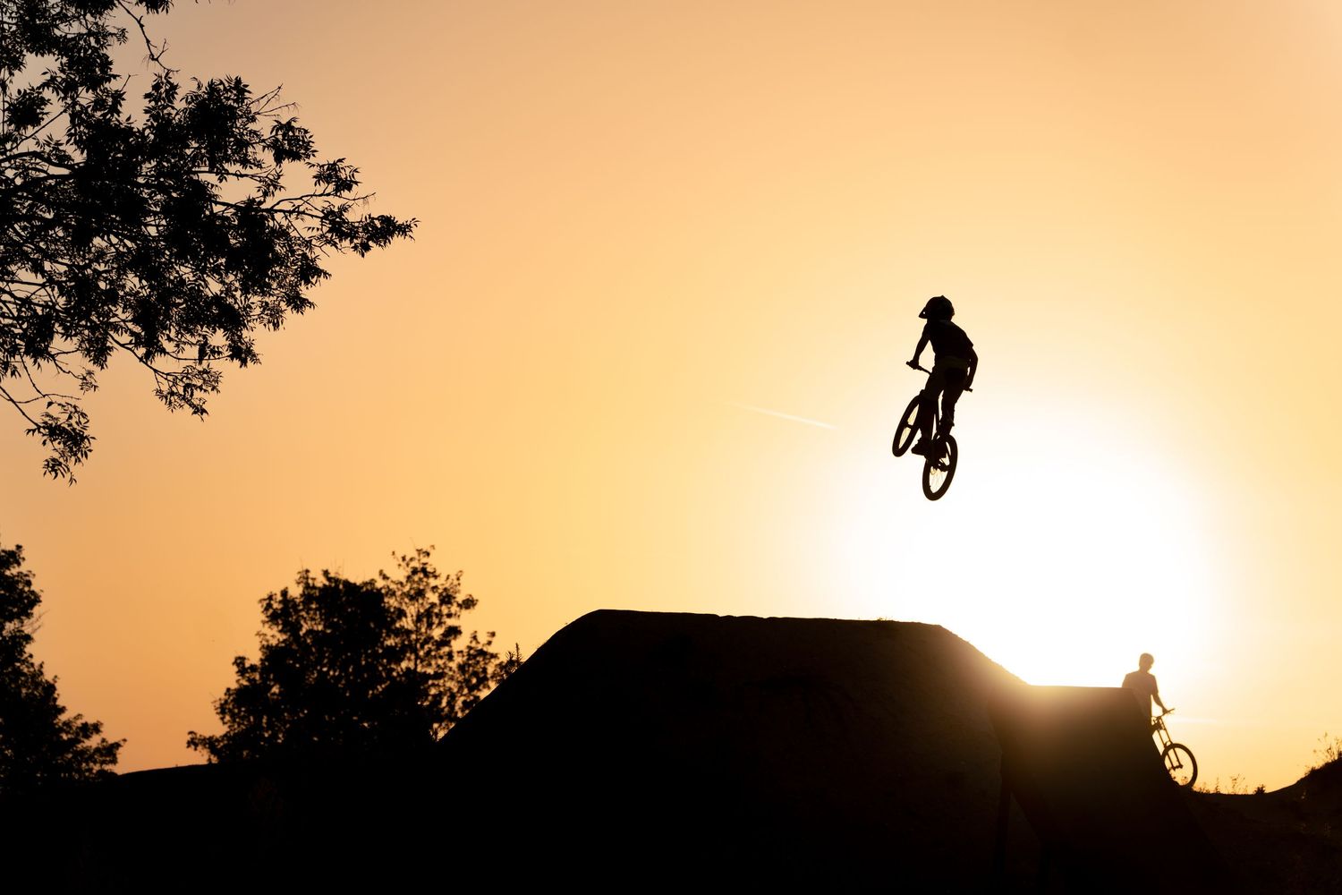 Silhouette of a BMX rider performing a high jump trick against a golden sunset sky with trees and rooftops in background.