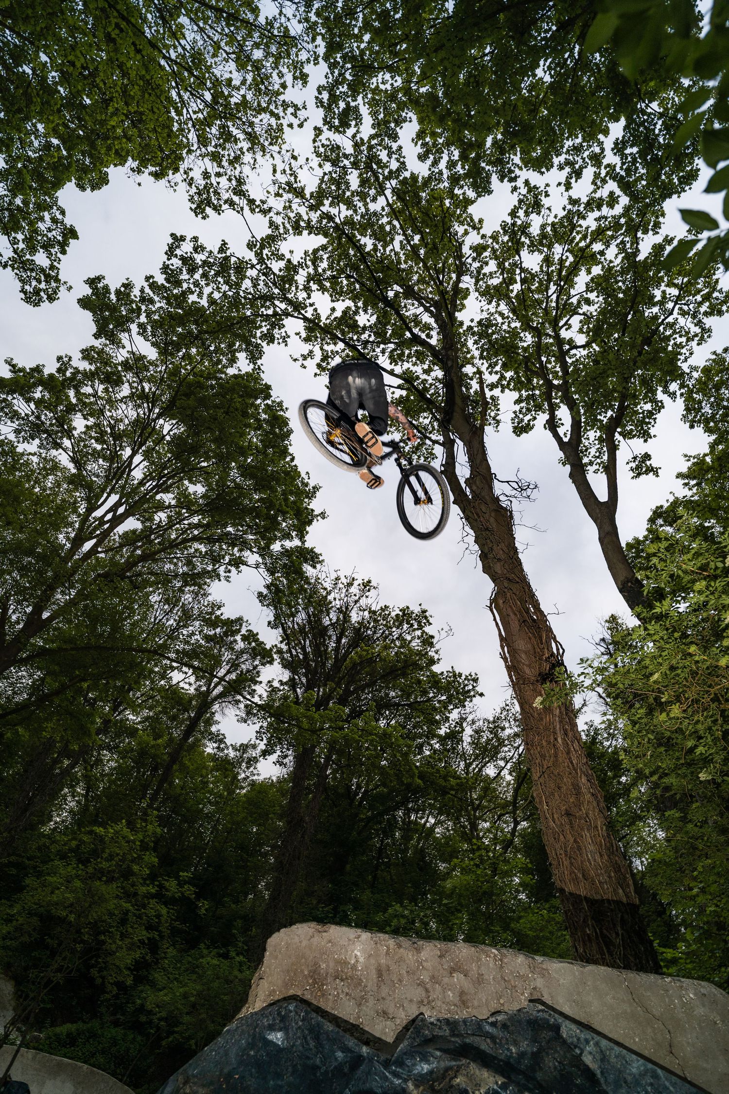 BMX rider performs a high aerial trick over concrete ramps in a wooded park, captured from below against a cloudy sky.