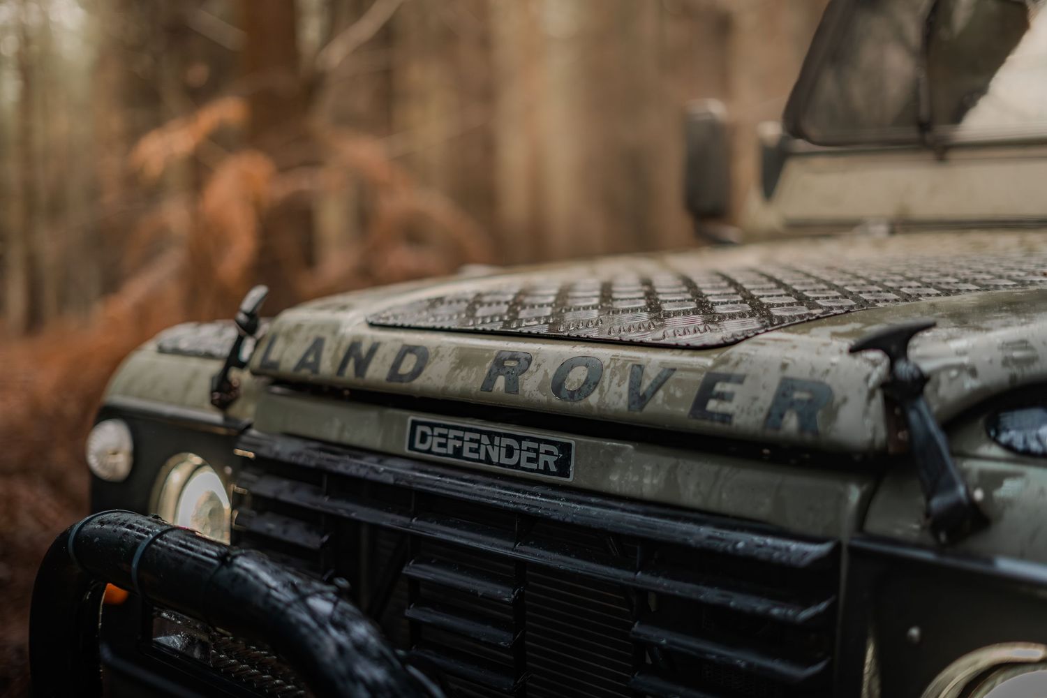 Close-up of a muddy Land Rover Defender hood badge in an autumn forest.
