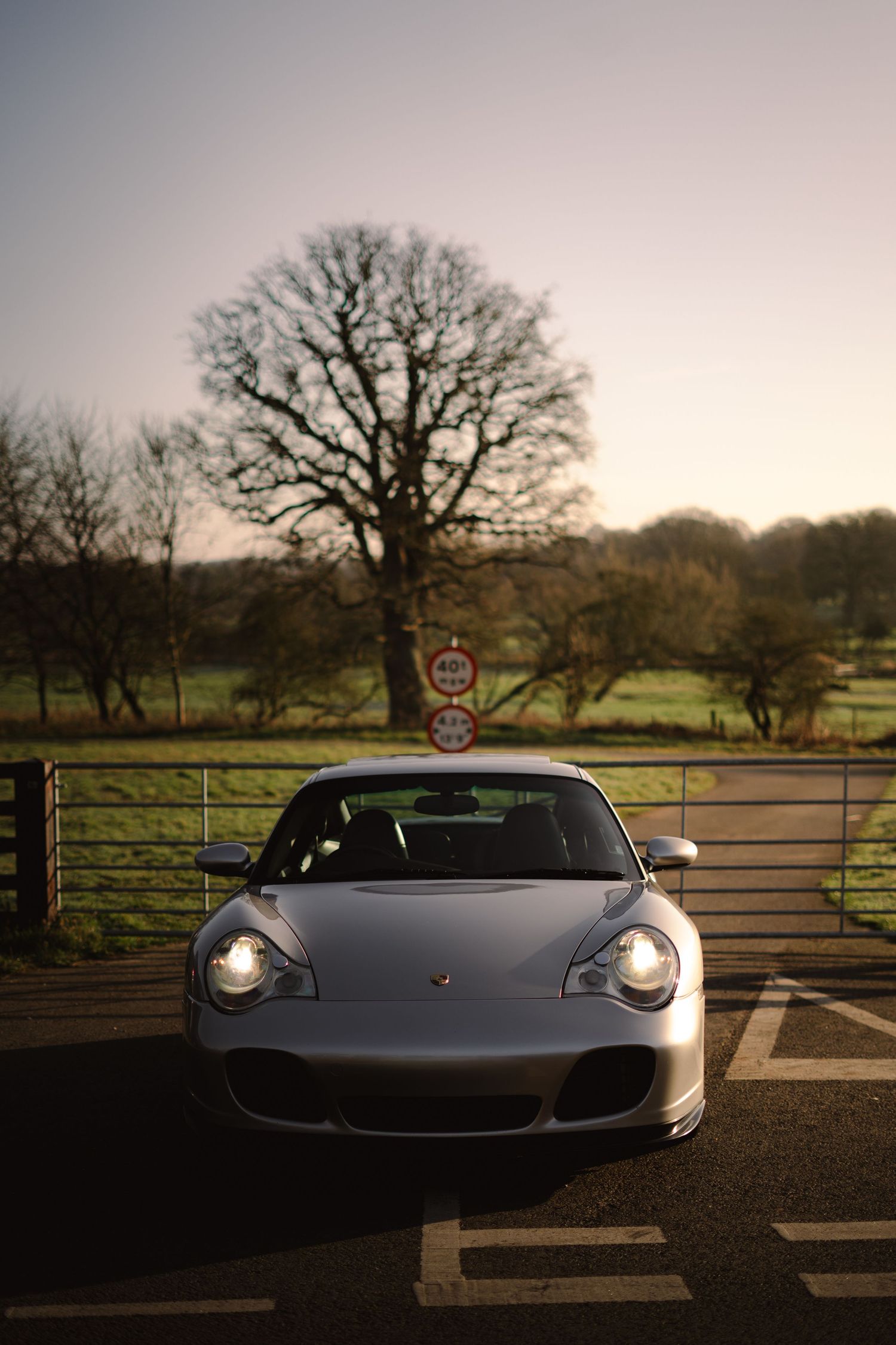 Silver Porsche 911 parked on a country road at dusk with bare trees and green fields in the background.