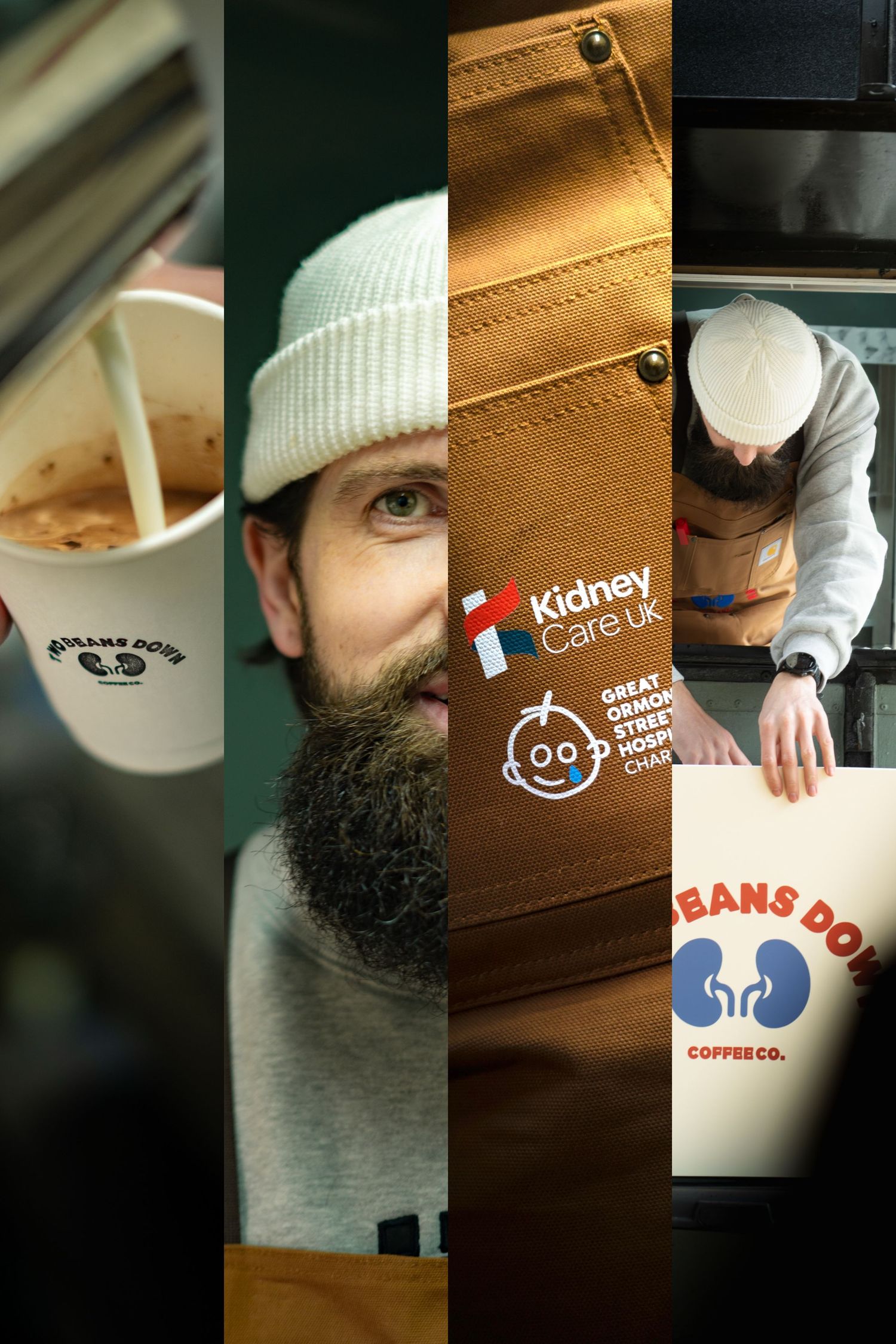 Bearded barista in white beanie promotes Two Beans Down Coffee Co. for Kidney Care UK charity fundraiser.