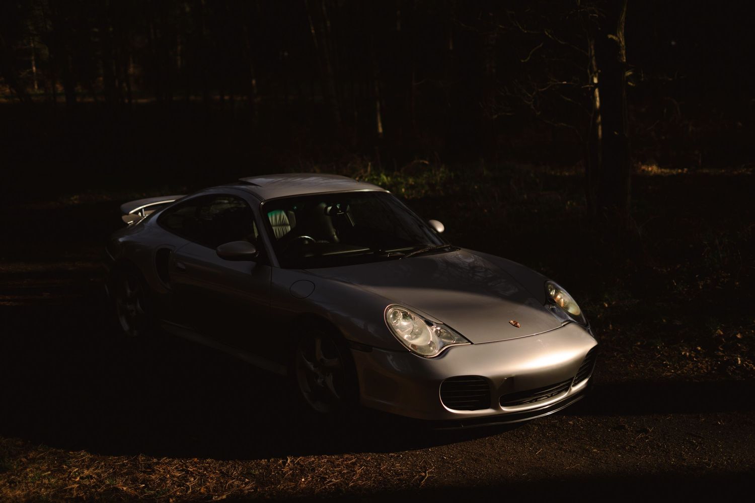 Silver Porsche 911 Turbo in a dark wooded area with subtle ambient lighting at dusk.