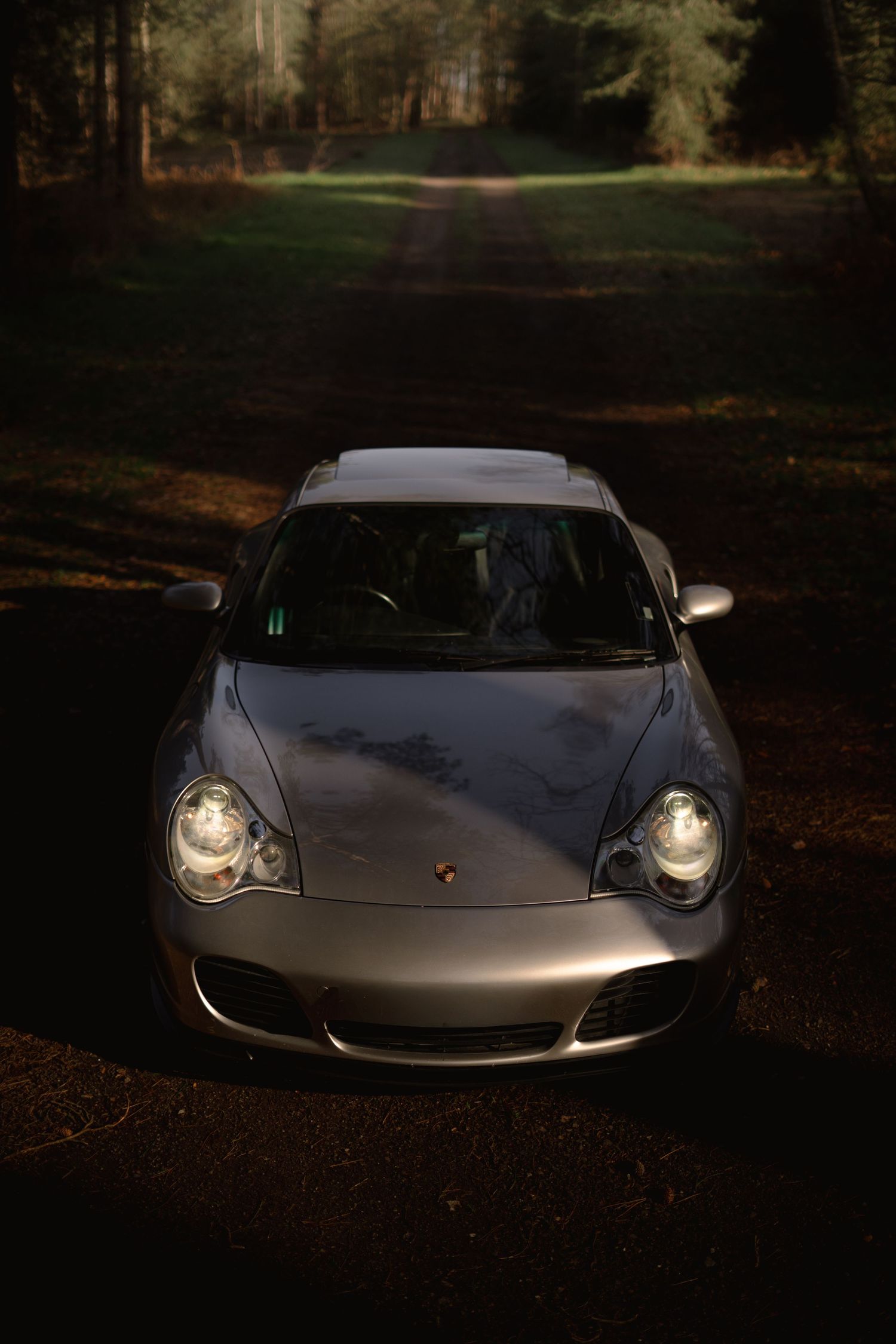 Silver Porsche 911 Turbo parked in a dark forest clearing with headlights illuminating the scene.