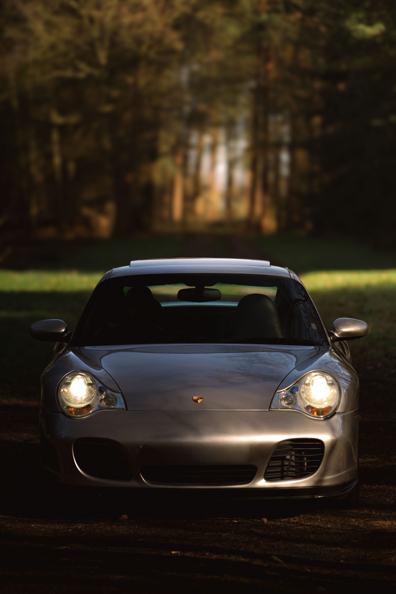Front view of a silver Porsche 911 Turbo with headlights illuminated in a dark forest setting.