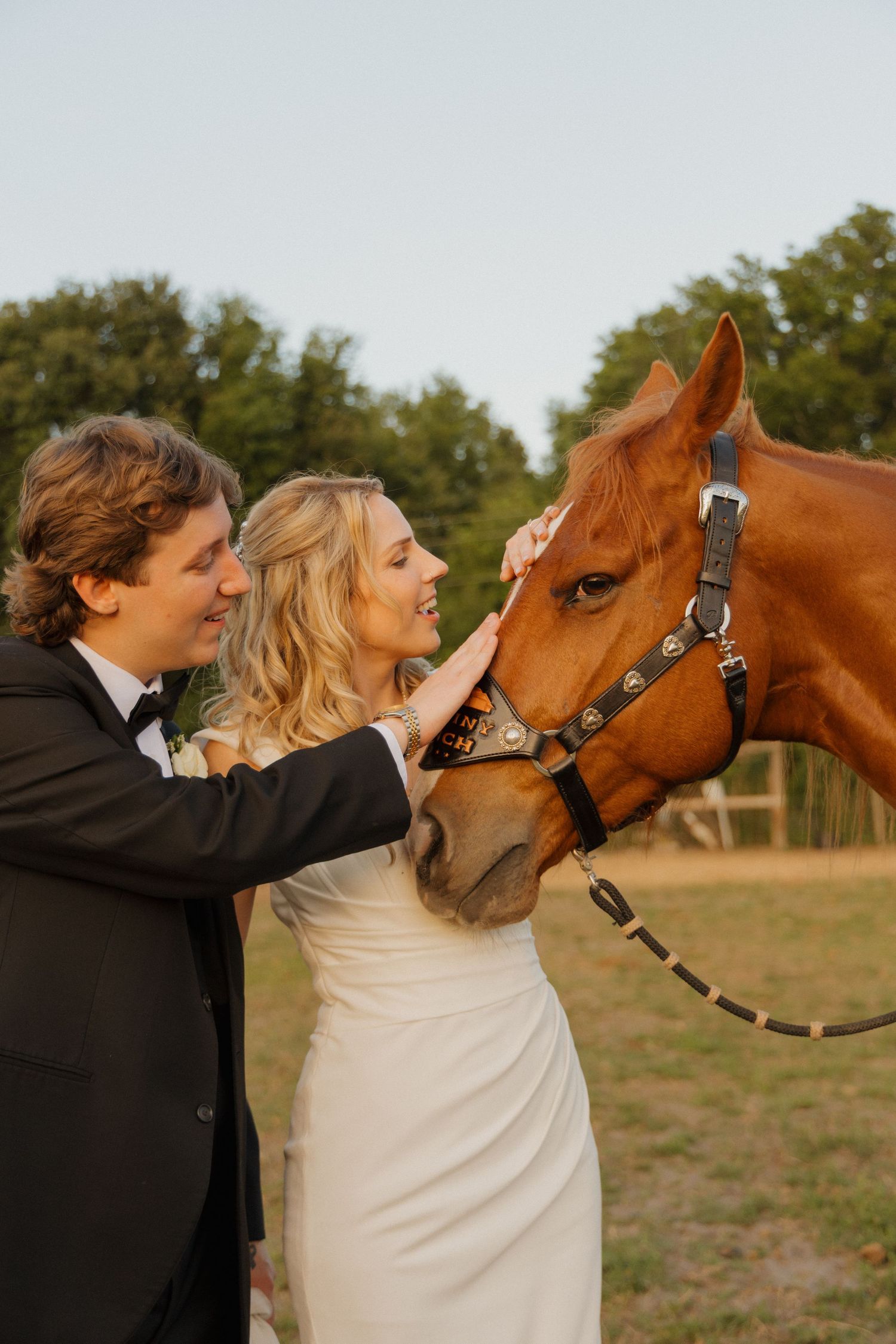 Bride and groom in wedding attire smiling while petting a chestnut horse outdoors on a sunny day.