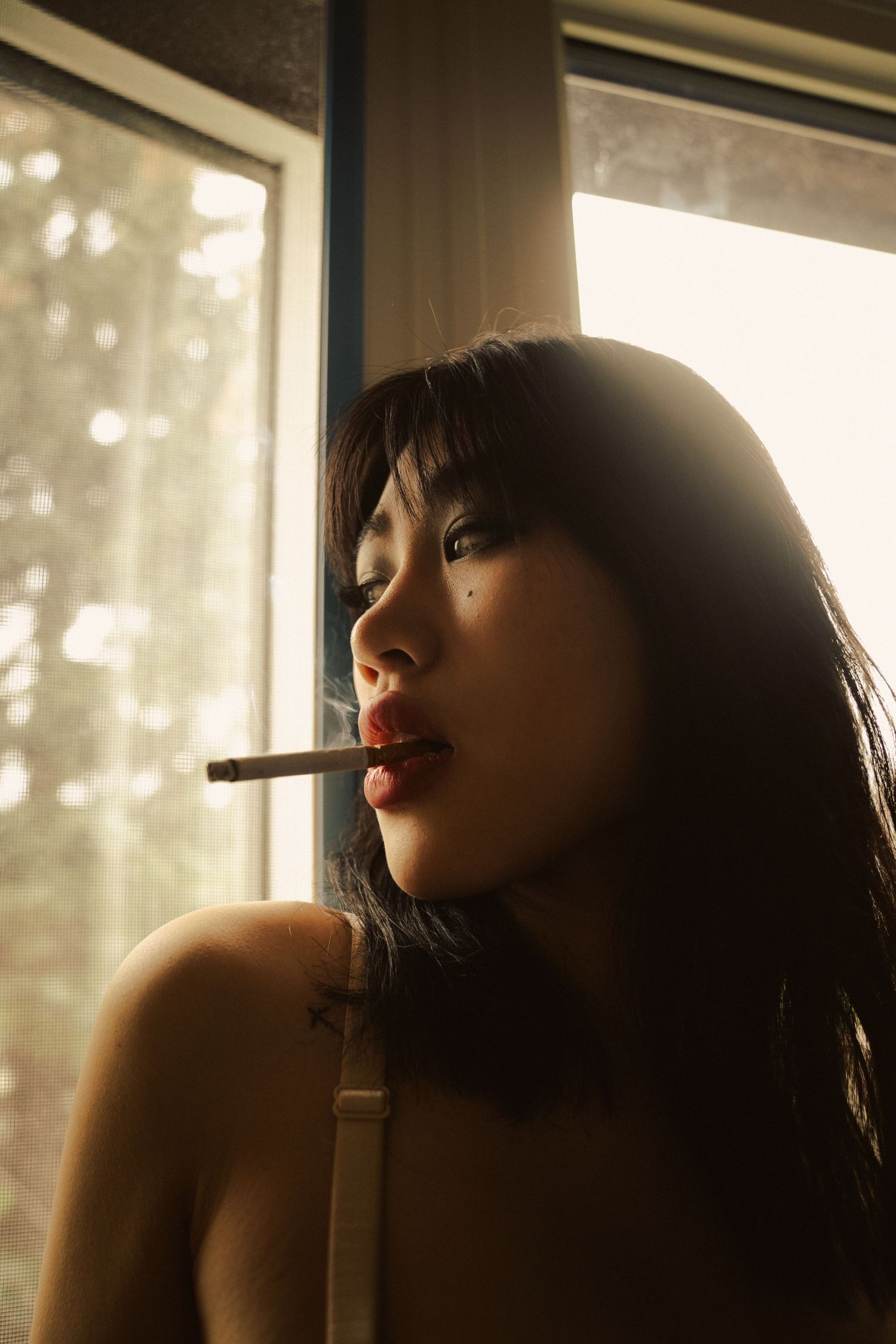Silhouetted profile portraits with dramatic backlighting through a window.