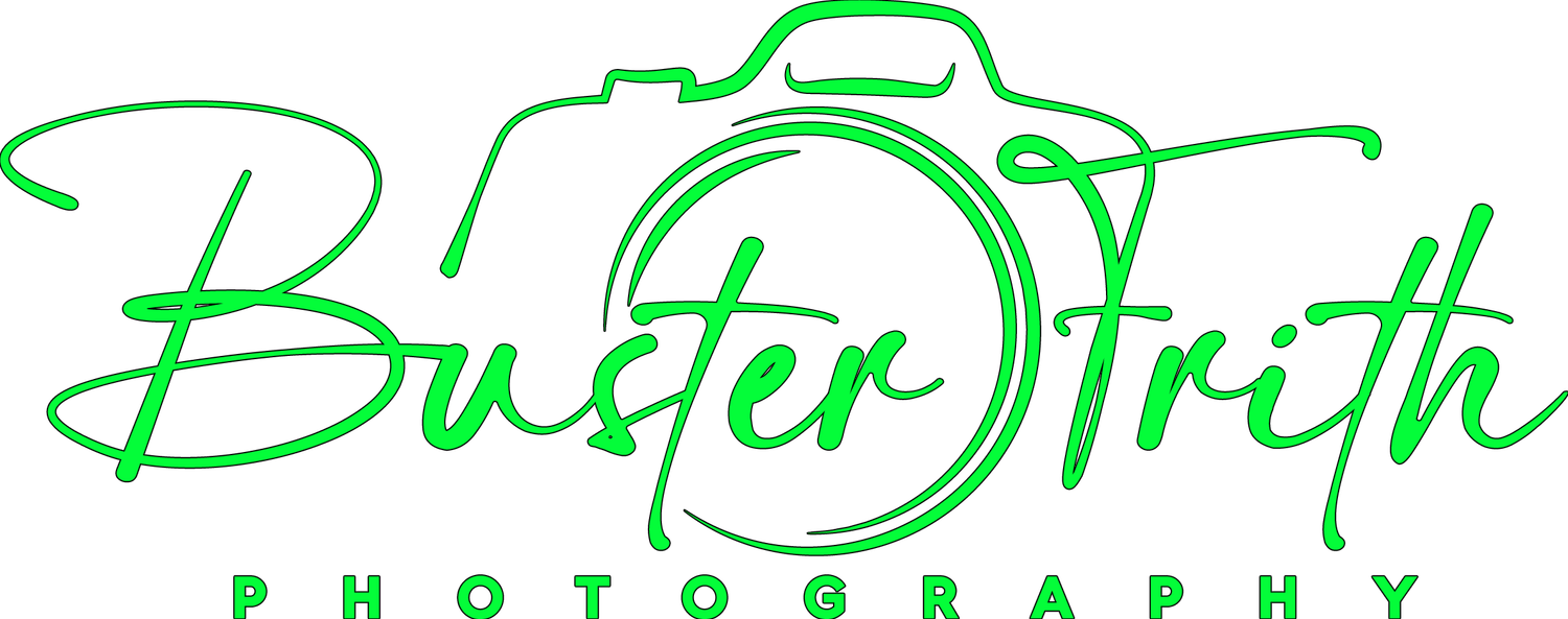 A neon green text logo design with cursive lettering and photography branding elements.