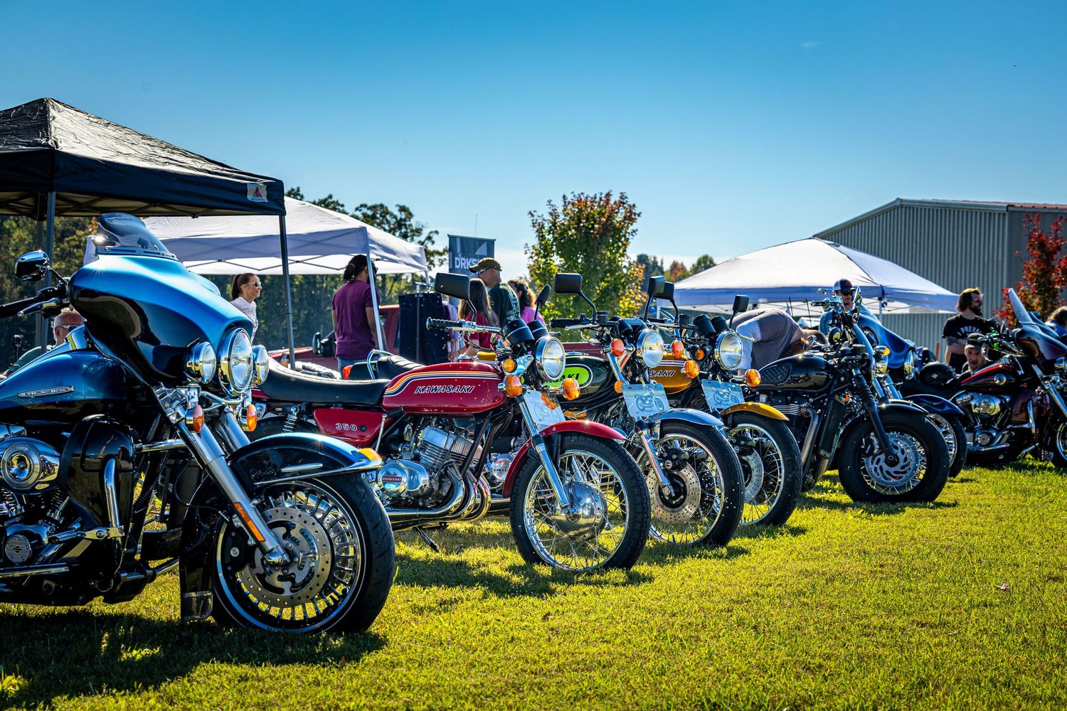 Row of vintage motorcycles on display at an outdoor show with blue sky and green grass visible in the background.