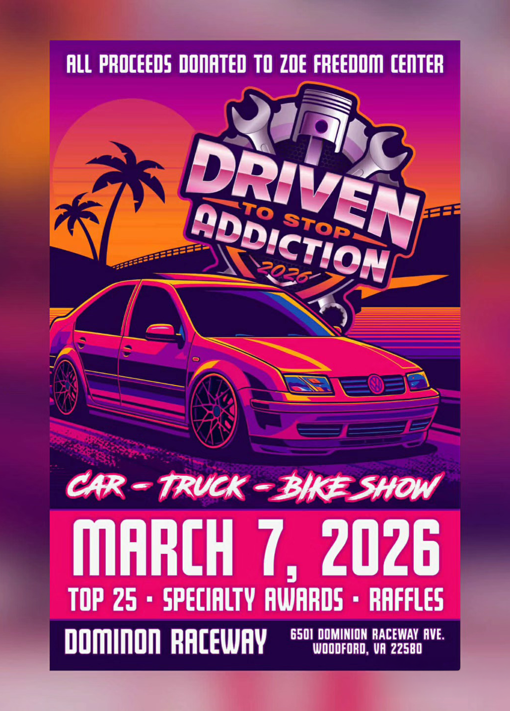 Retro synthwave style car show event poster featuring purple and orange gradient with silhouetted classic cars.