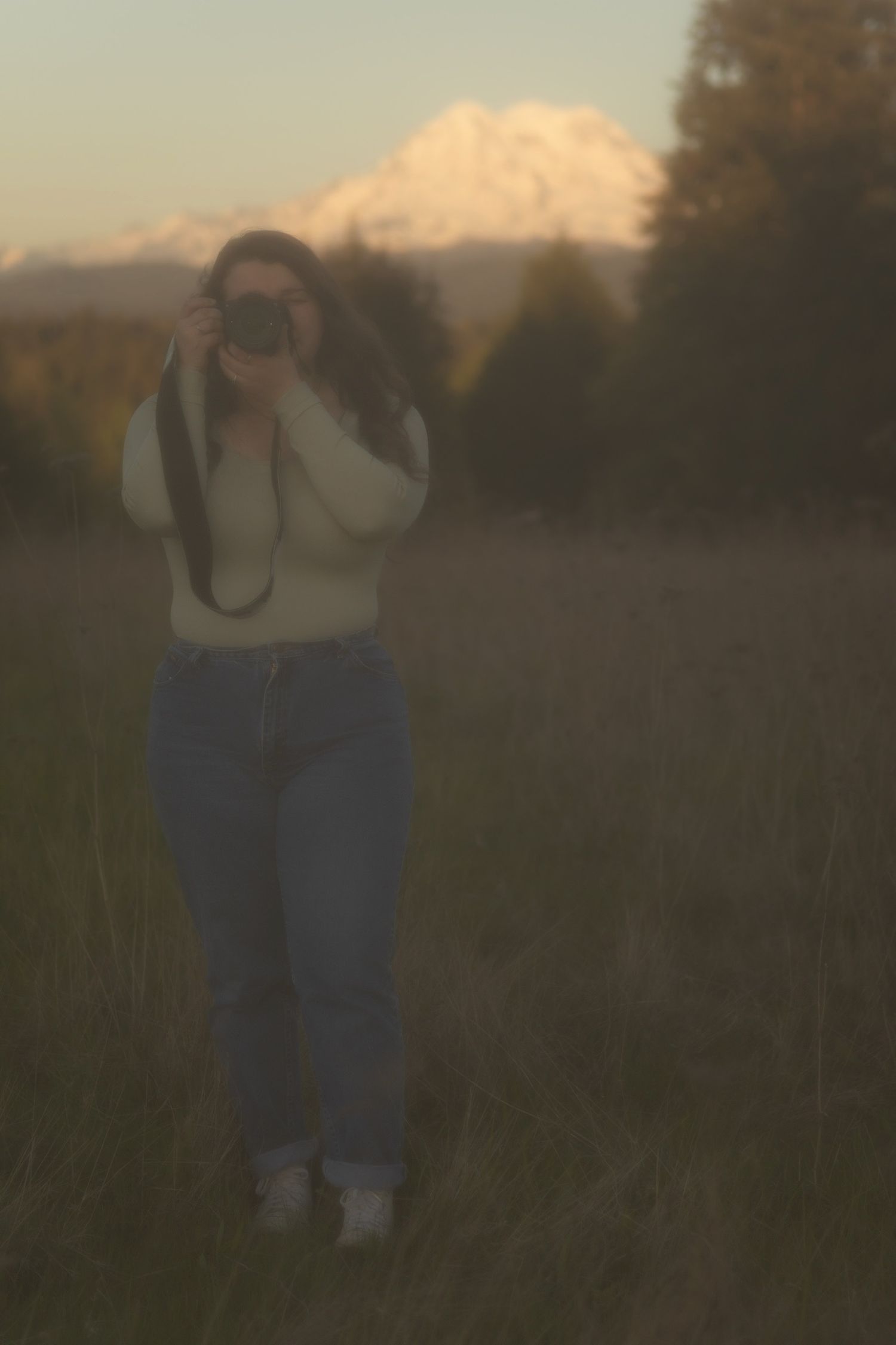 Figure stands in grassy field during golden hour with mountains and evergreen trees in distance.