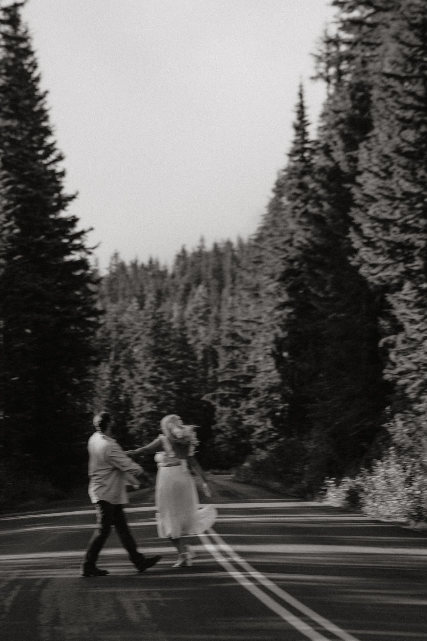 A couple walking along a mountain road surrounded by towering evergreen trees in the mist.