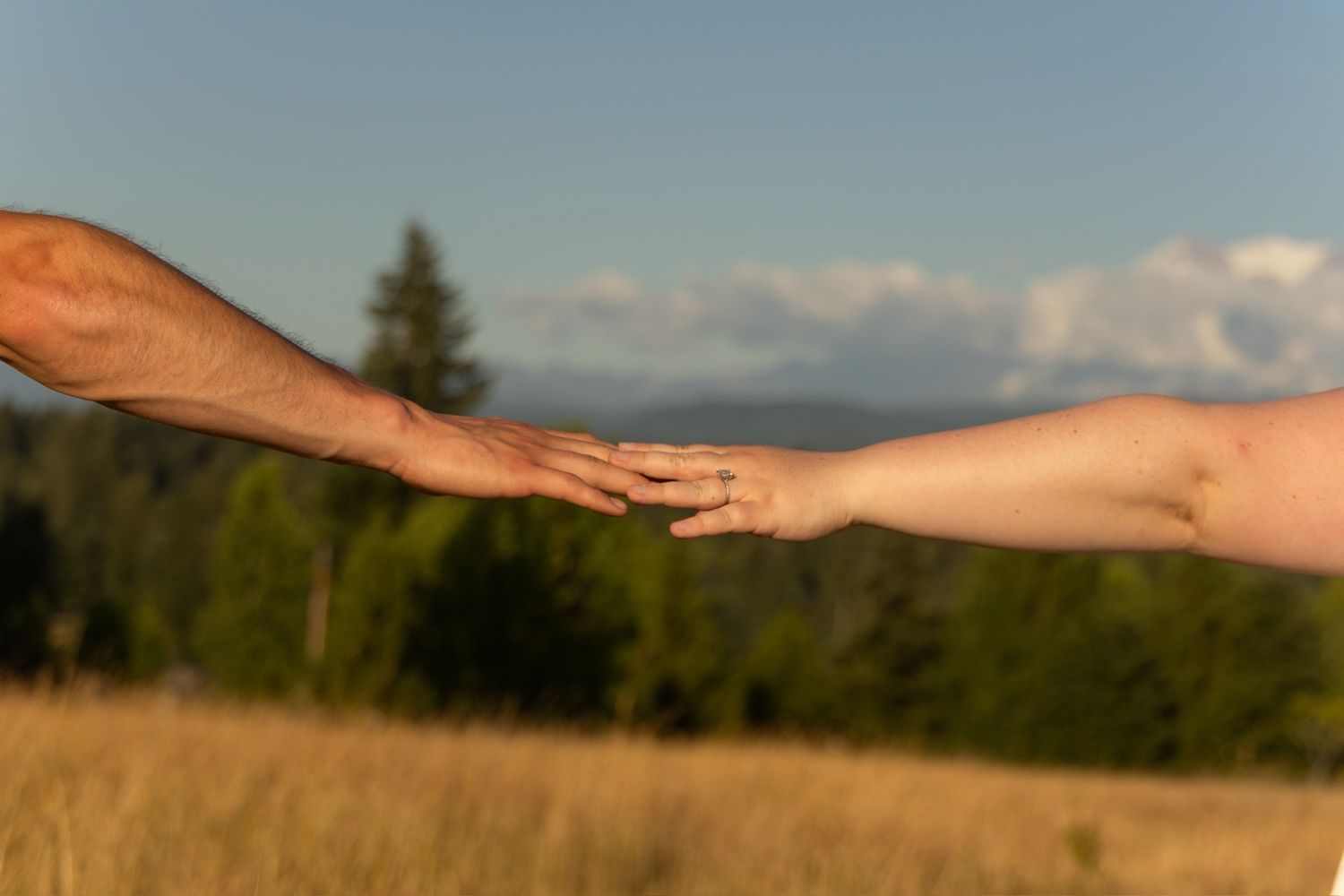 A series of hands reaching out in succession against a blurred natural background creates a chain-like visual effect.