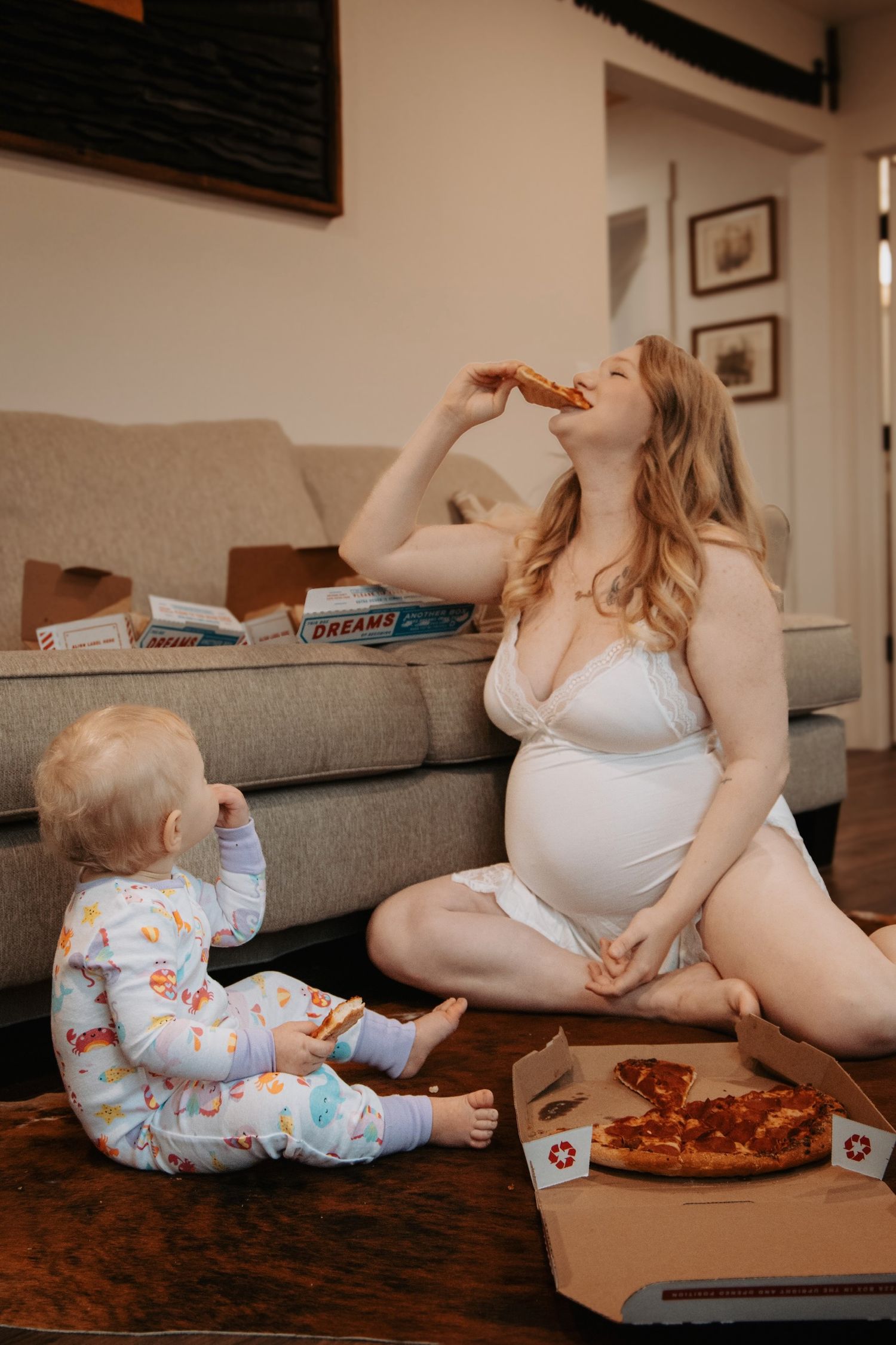 Candid lifestyle photos showing pizza being enjoyed on a couch.