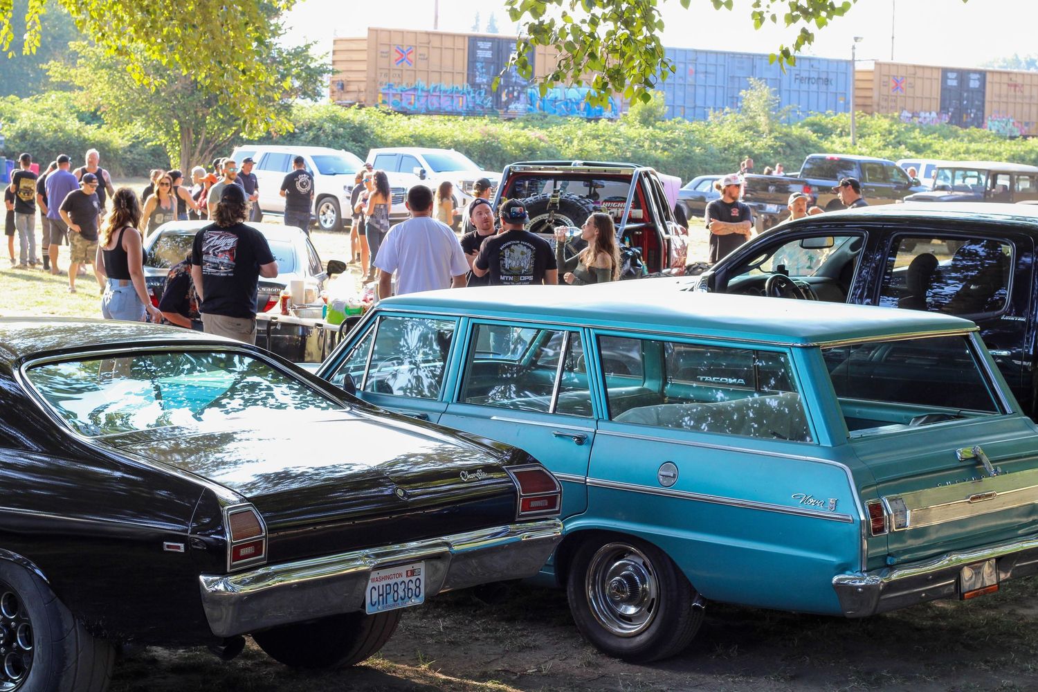 Classic cars including vintage Chevrolets and other American automobiles line up at an outdoor car show on a sunny day.
