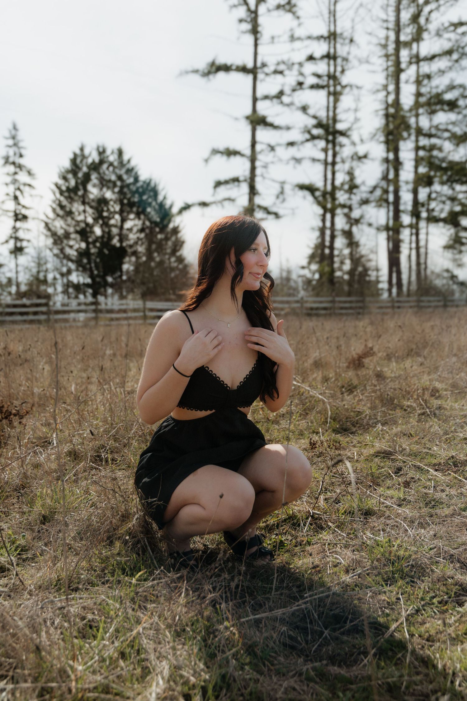 A figure in a black dress poses thoughtfully in a golden field with evergreen trees in the background.