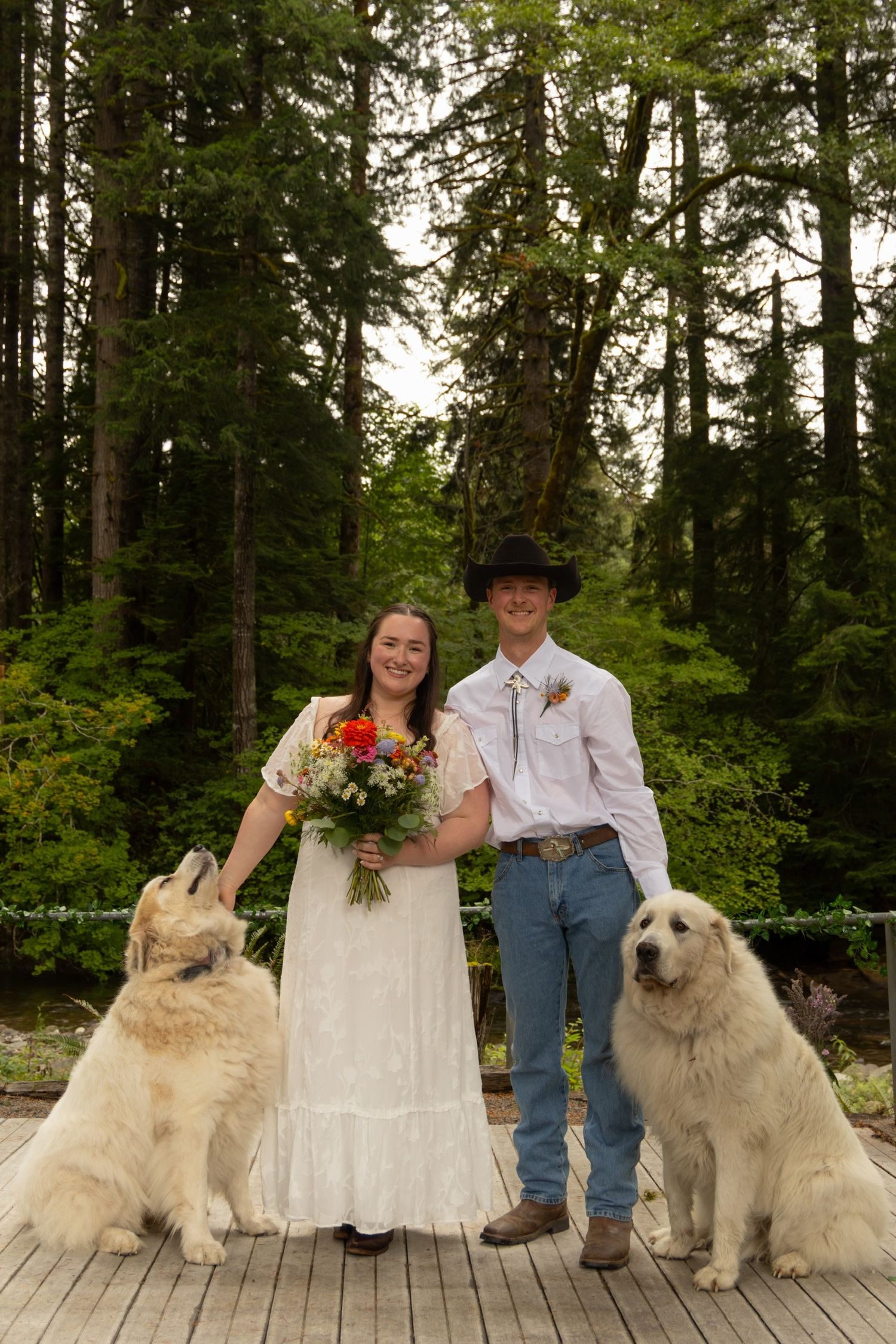 A charming wedding portrait featuring the couple with their two large white dogs on a wooden deck.