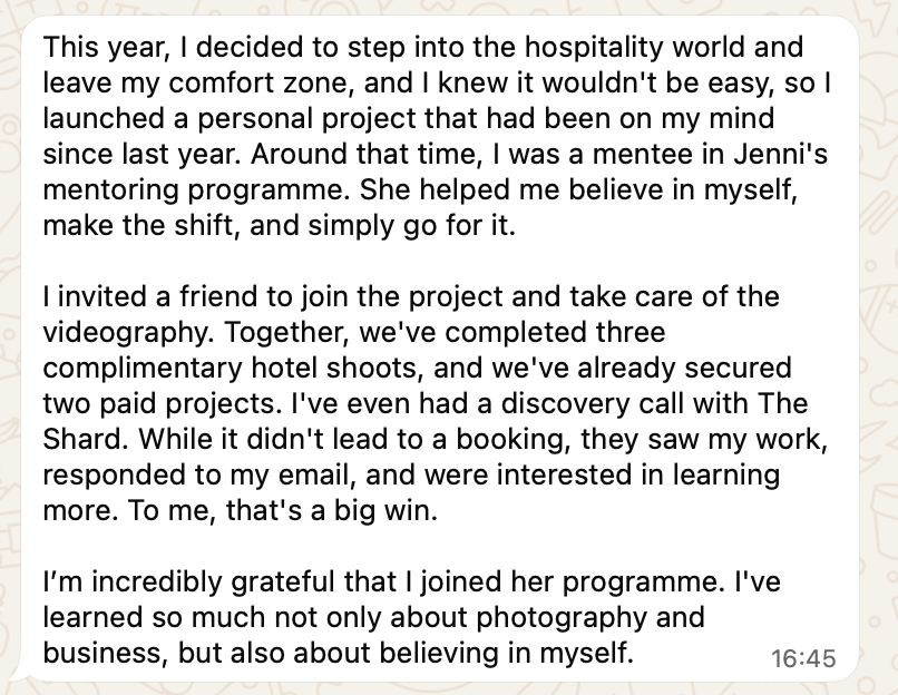 WhatsApp message about joining hospitality industry, completing hotel shoots, and personal growth through a mentoring programme.
