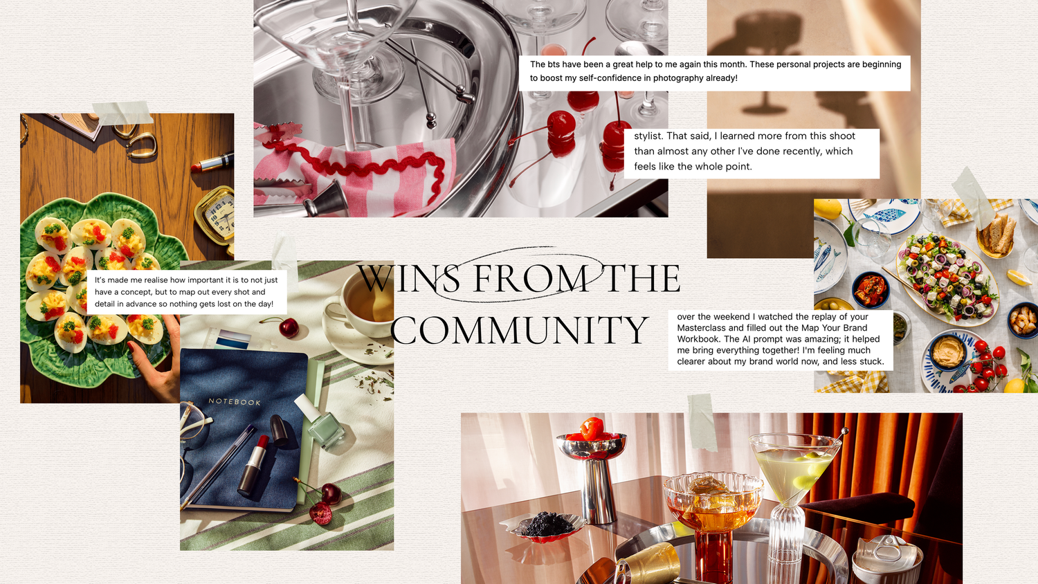 Collage of community wins featuring cocktails, appetizers, and entertaining spreads with text overlays and lifestyle photography.