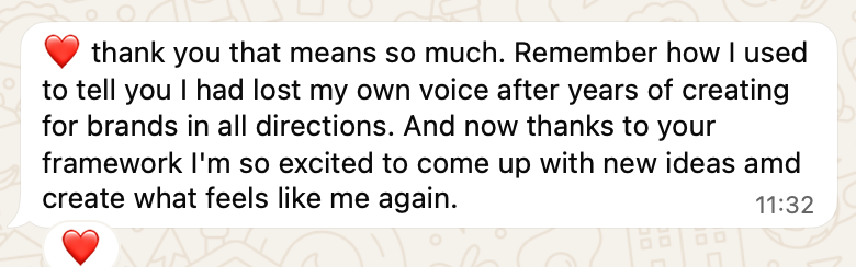 WhatsApp message expressing gratitude for a framework that helped restore creative voice after years of brand content creation.