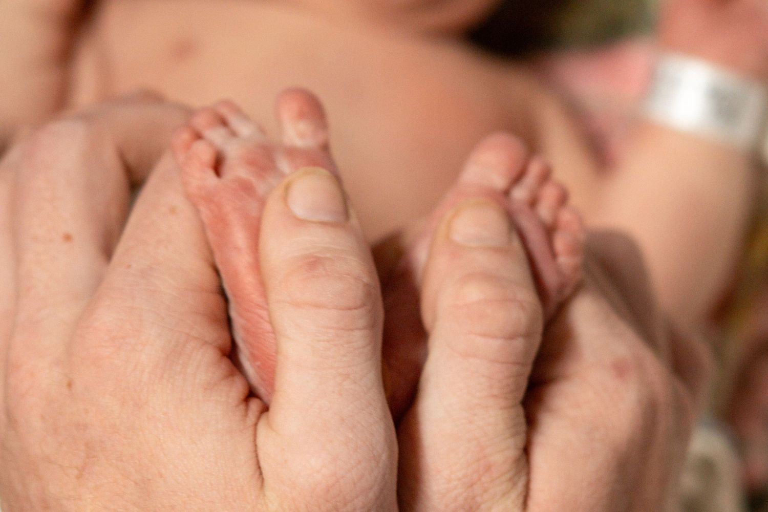Close-up of newborn tiny hands and feet