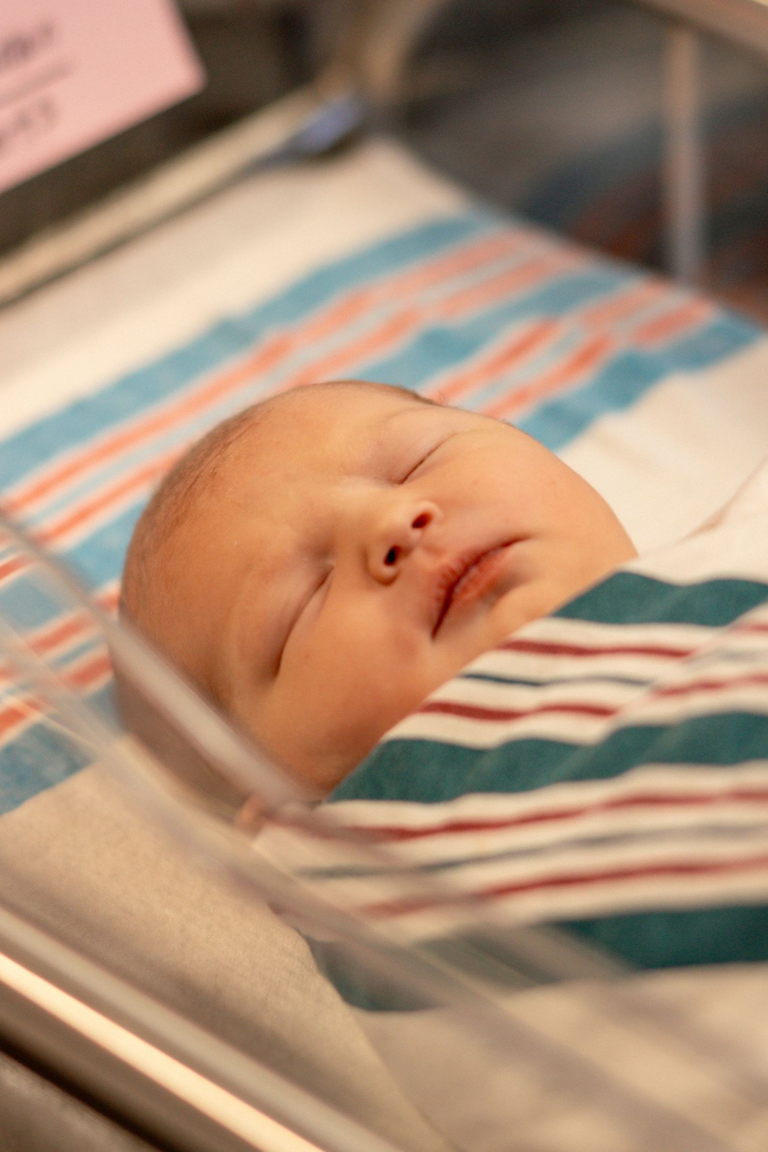 Newborn baby wrapped in hospital blanket during Fresh 48 session