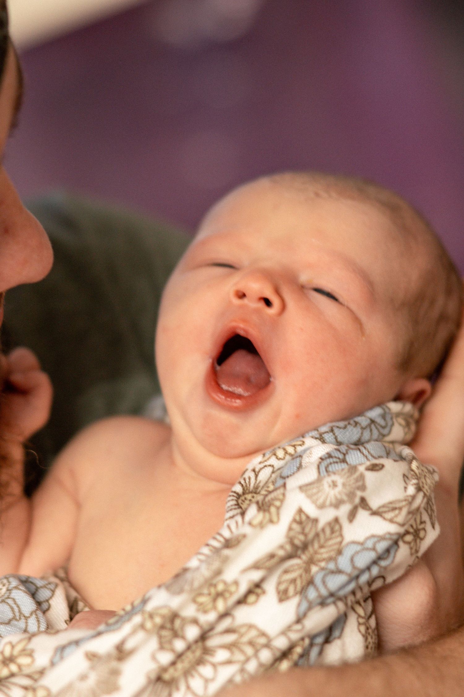 Newborn baby wrapped in hospital blanket during Fresh 48 session
