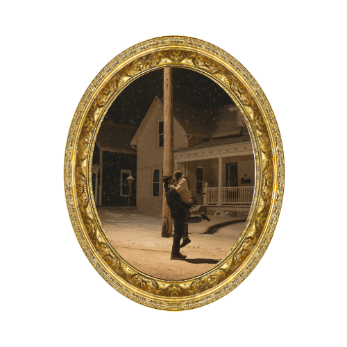 Vintage oval gold frame displaying a romantic nighttime dance scene on a porch.