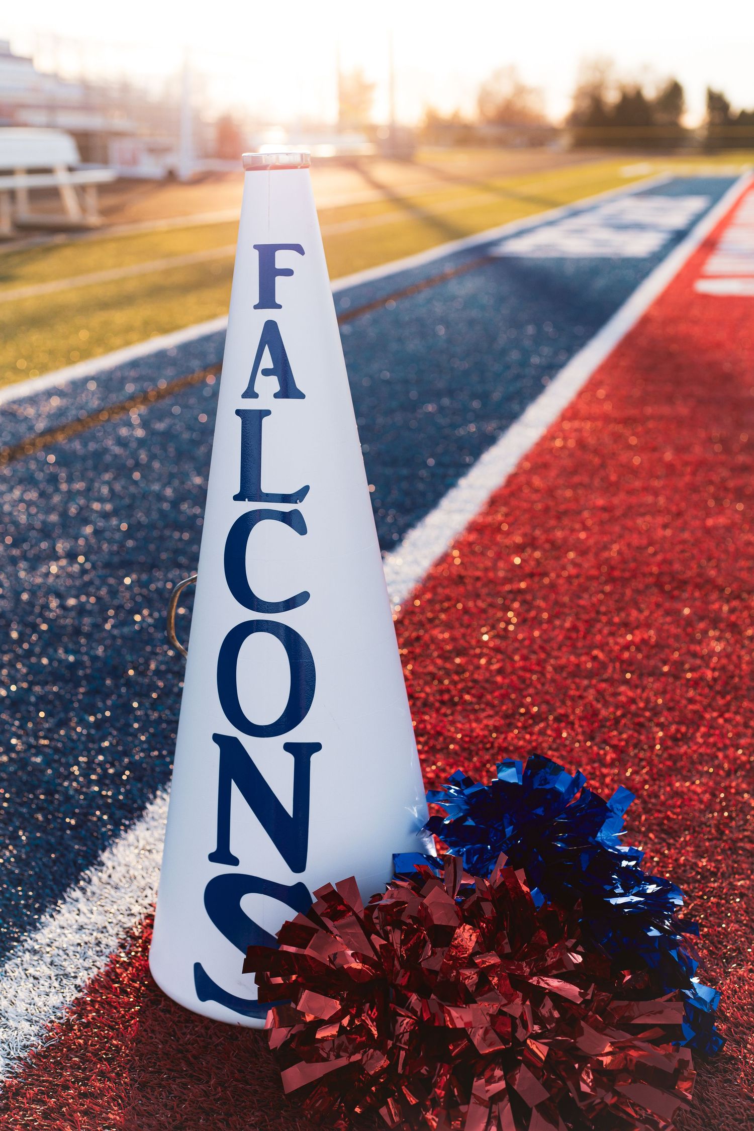 Red and blue cheerleading pom poms next to white megaphone on track field.