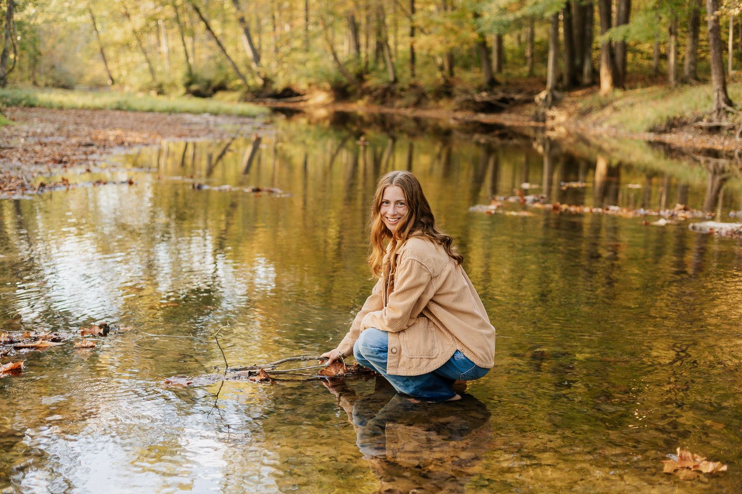 A tranquil stream flows through a wooded area with golden autumn lighting.