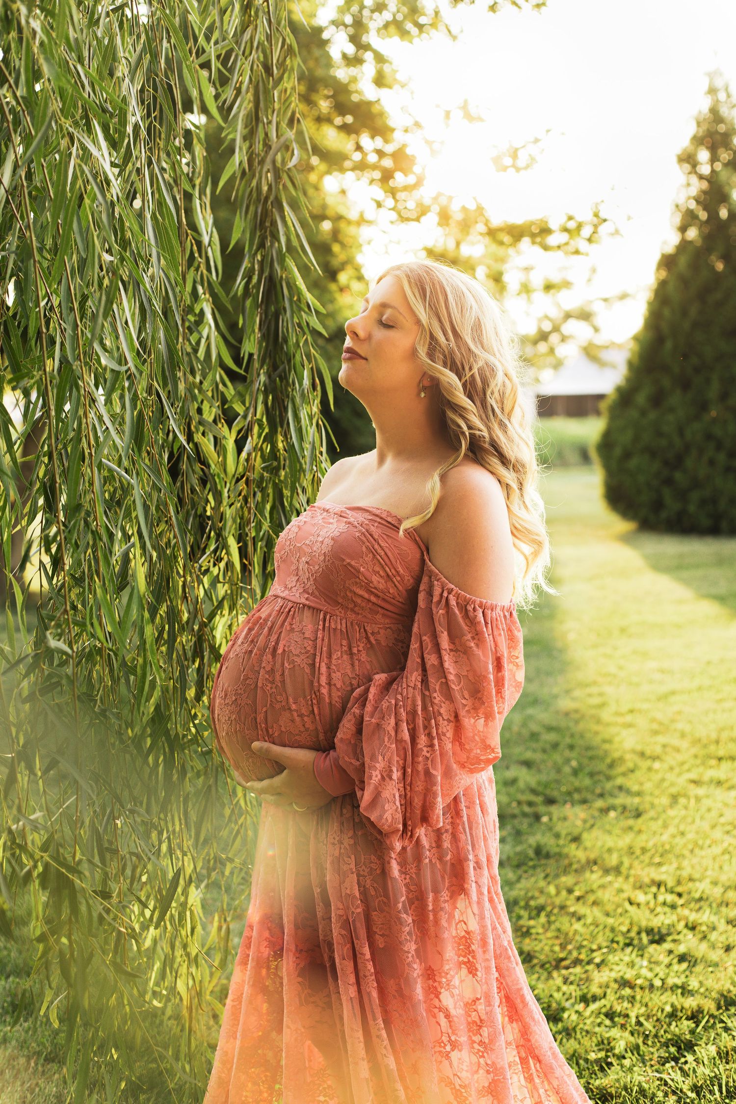 Dreamy maternity portraits under willow trees featuring coral lace dress at golden hour.