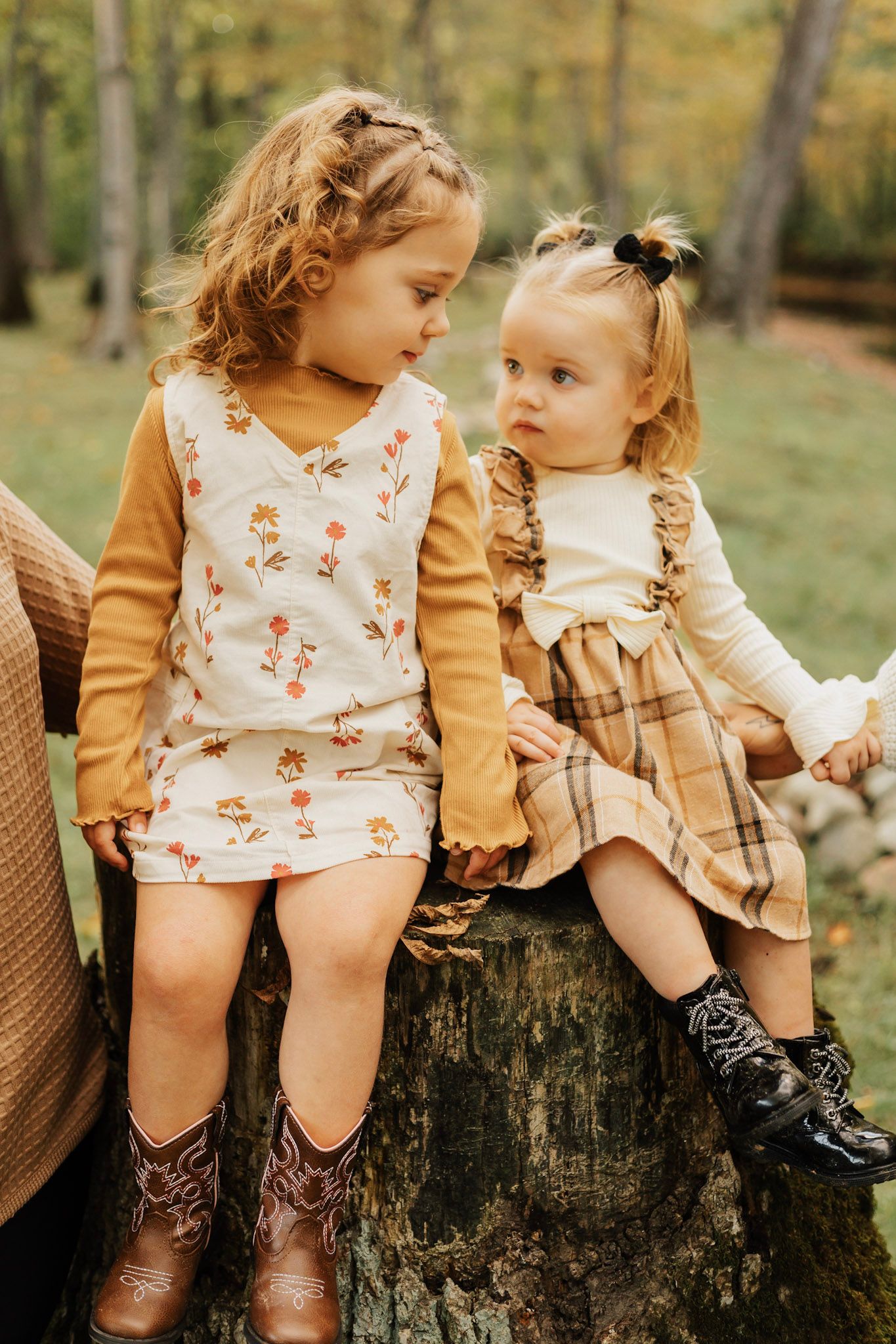 Two small children in vintage clothing sitting on a large tree stump in an autumn forest.