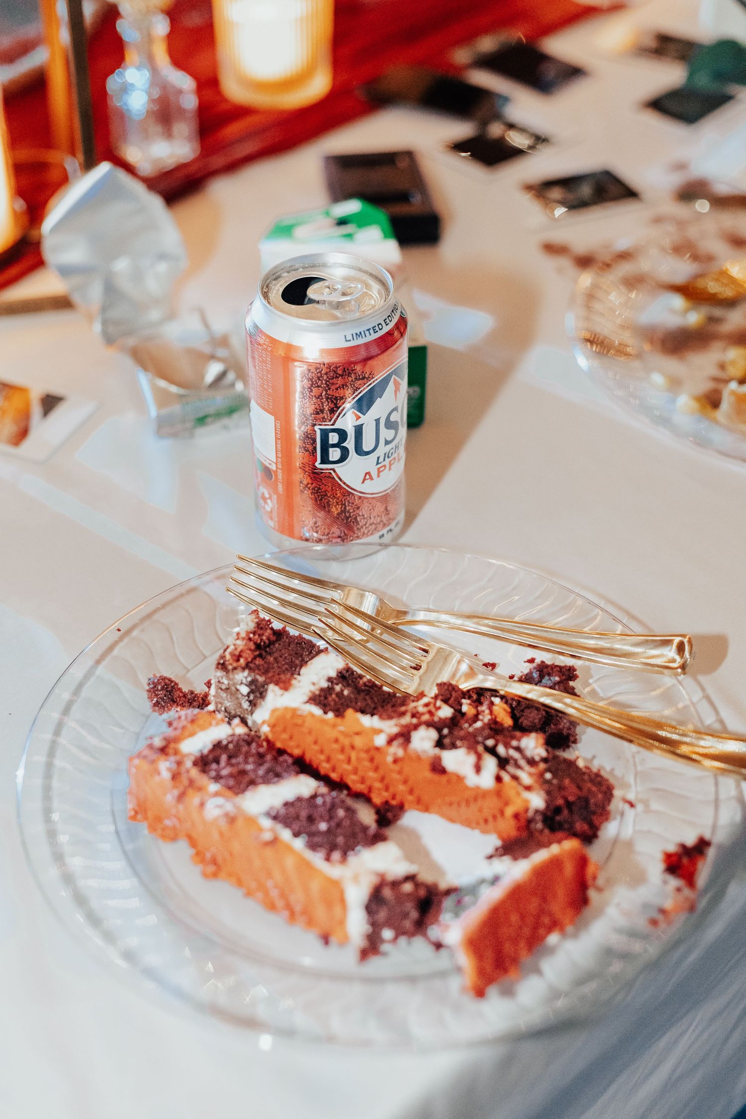 Slices of wedding cake with chocolate and pink layers on white plates with a beer can visible.