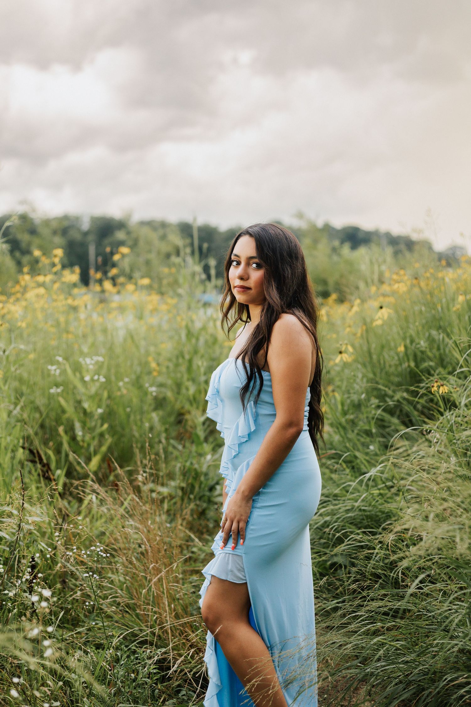 Maternity portraits in a powder blue dress among tall grass and wildflowers.