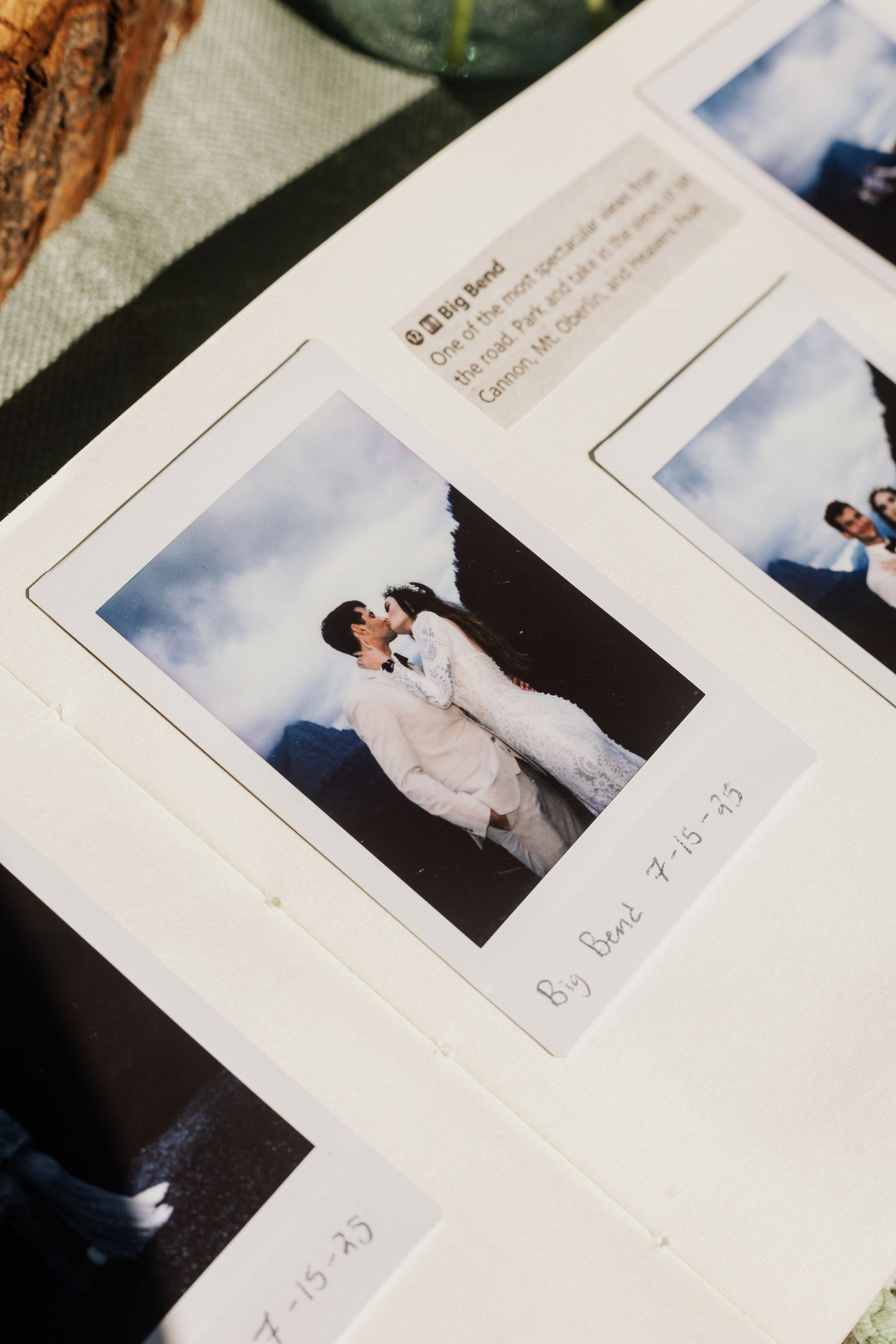 Wedding photo album pages showing outdoor portraits against blue sky backgrounds.