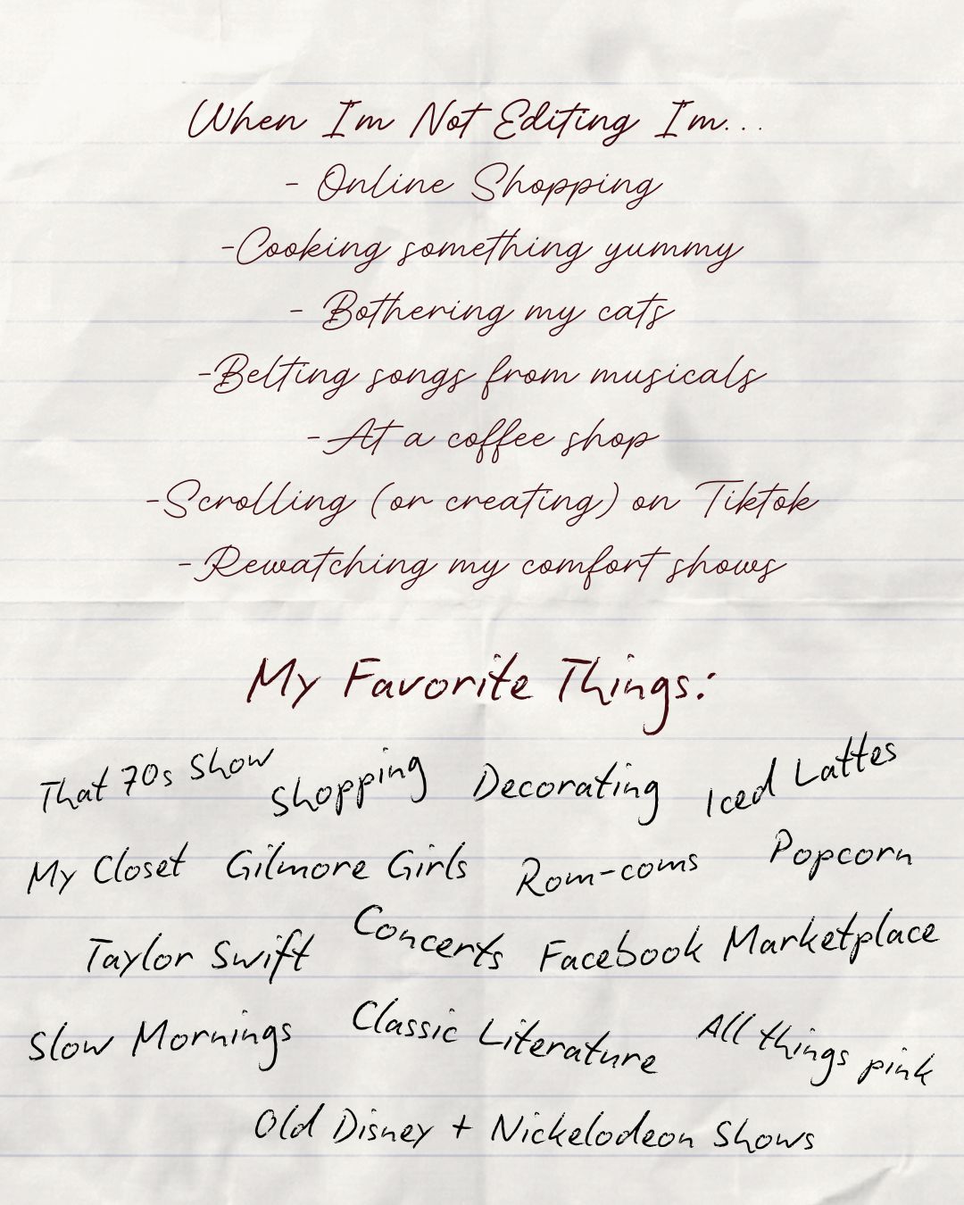 Handwritten list of favorite activities and interests on lined paper.