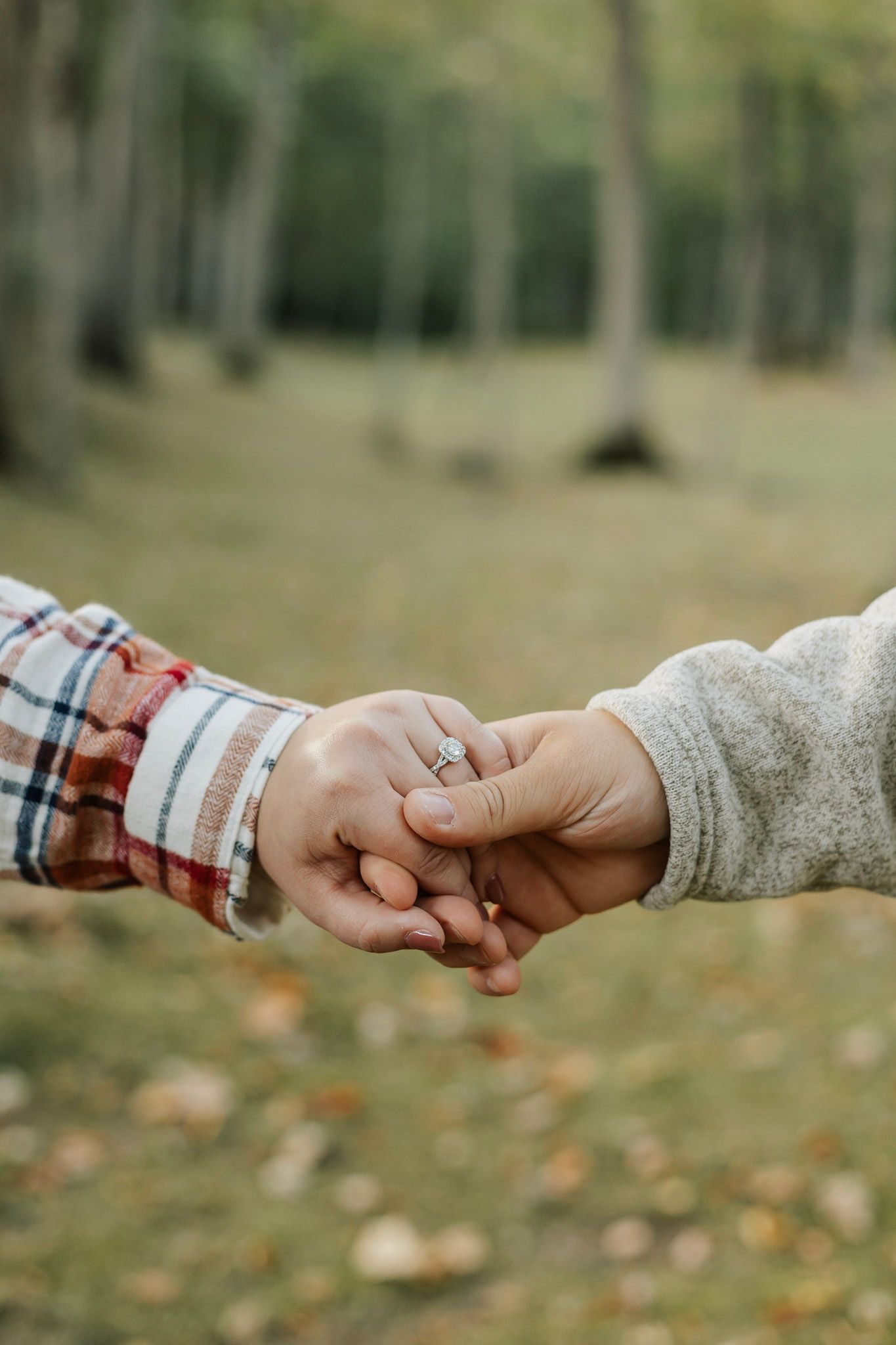 Close-up of hands reaching for each other wearing plaid and knit sleeves.