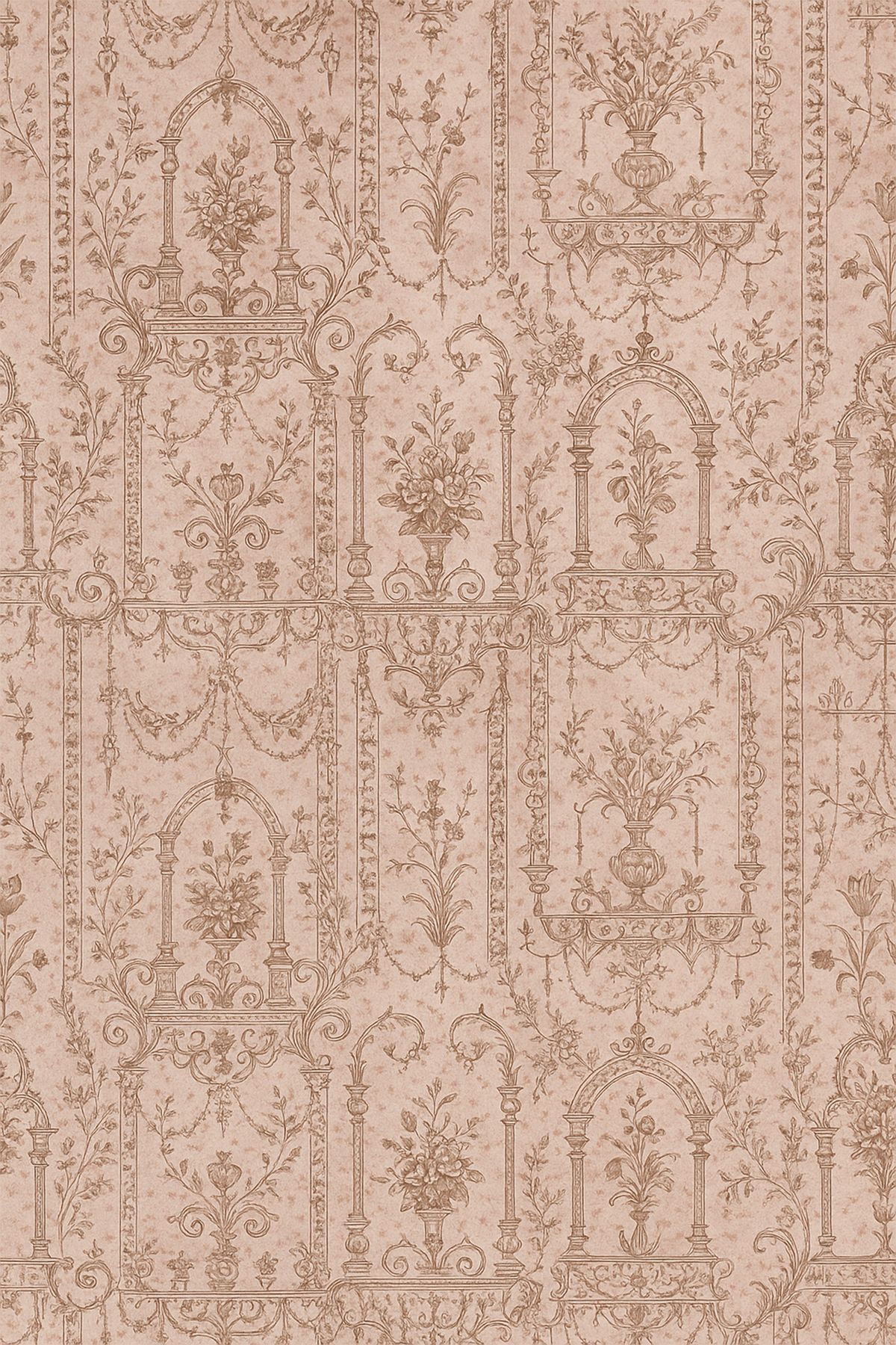 Vintage beige damask wallpaper pattern with ornate floral and architectural motifs in a repeating design.