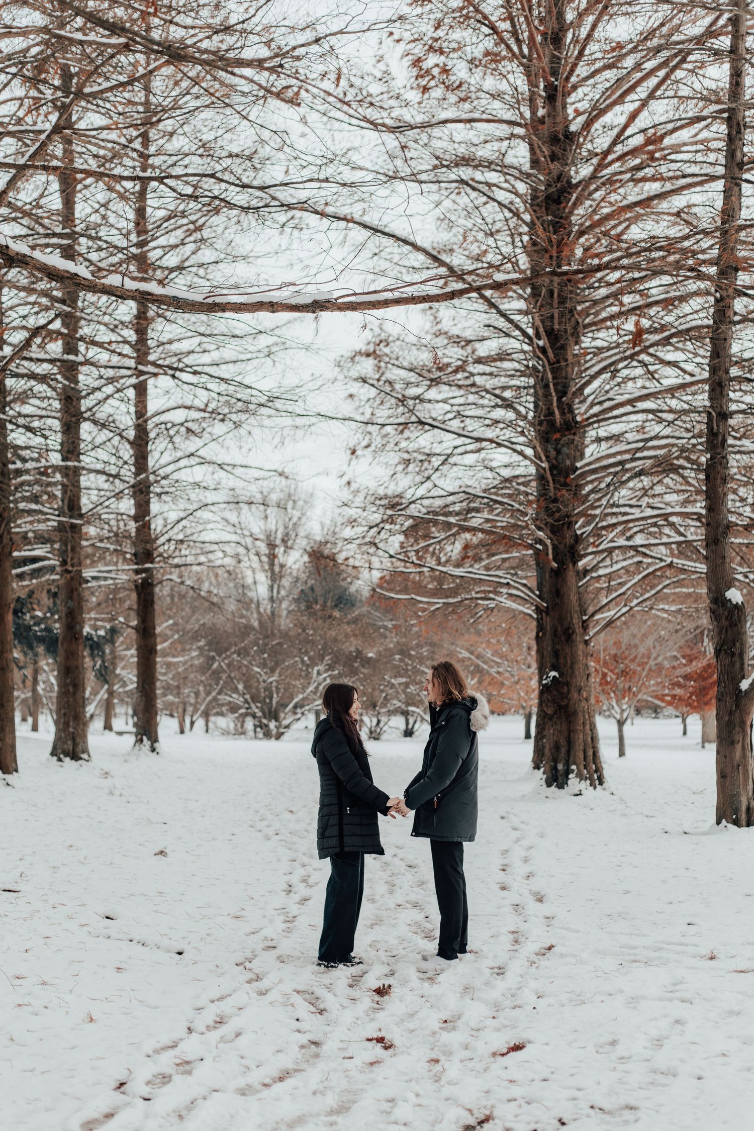 Two people stand facing each other on a snow-covered path surrounded by bare trees.